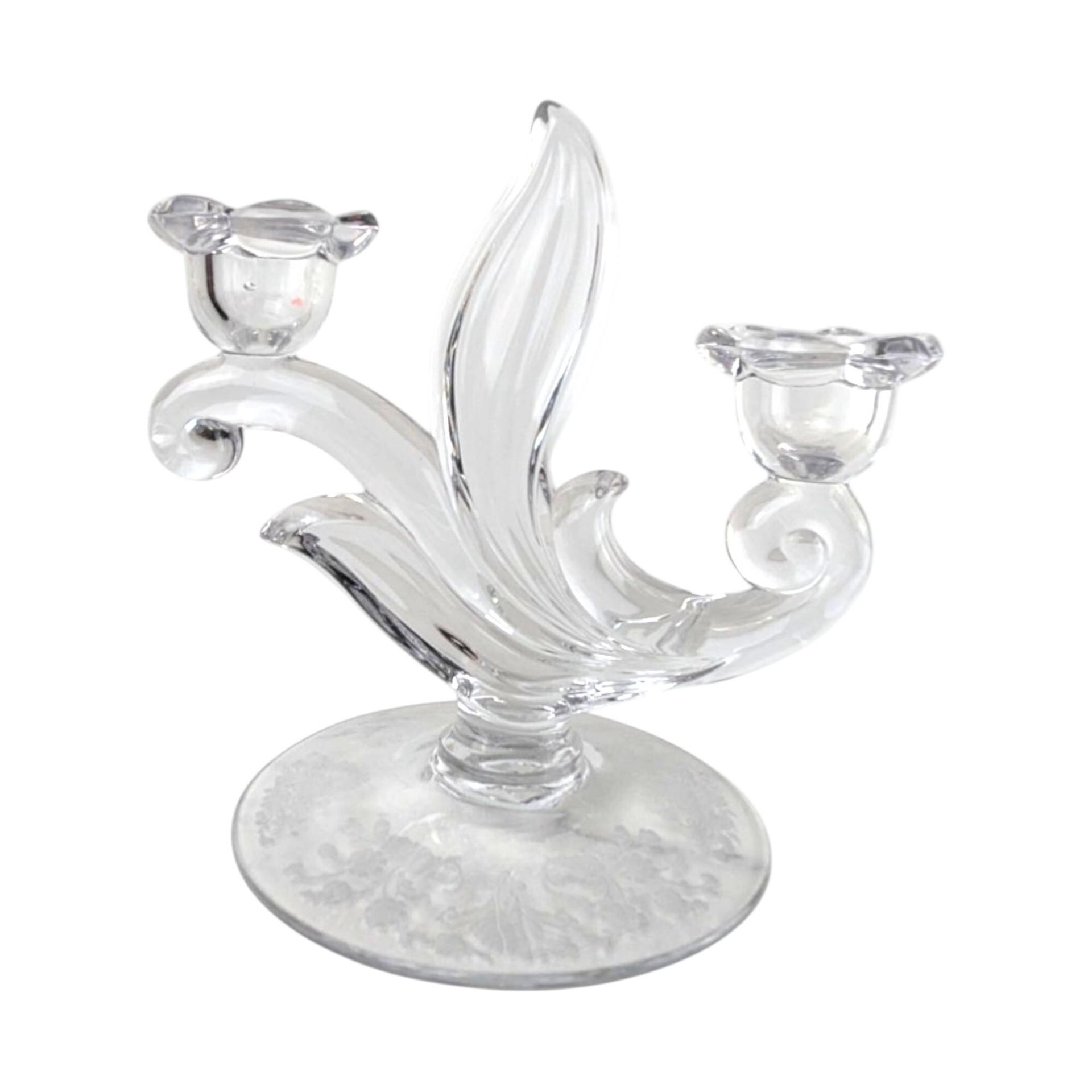 Vintage 1950s First Love Double Candlesticks: Duncan Miller Glass with Etched Floral Design