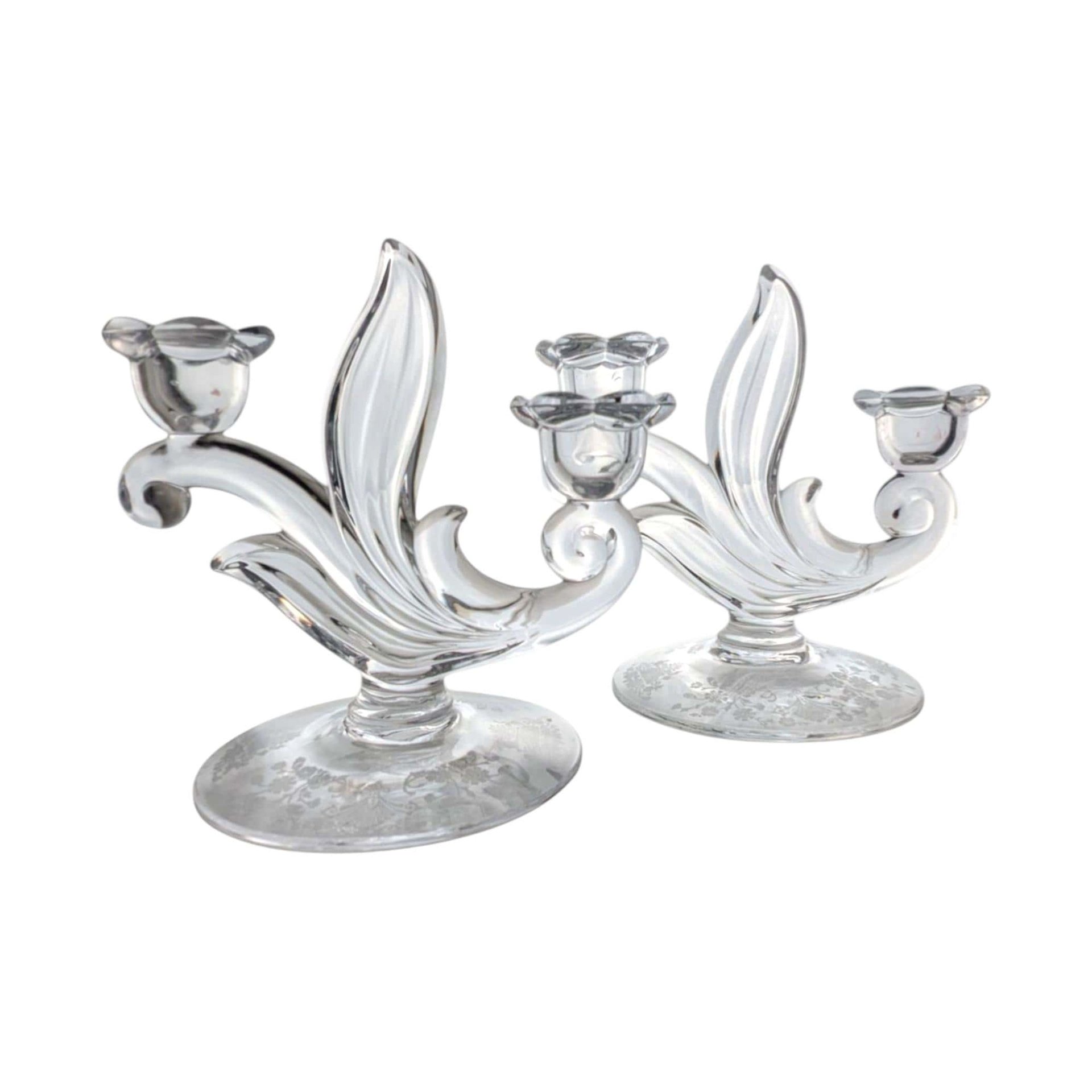Vintage 1950s First Love Double Candlesticks: Duncan Miller Glass with Etched Floral Design