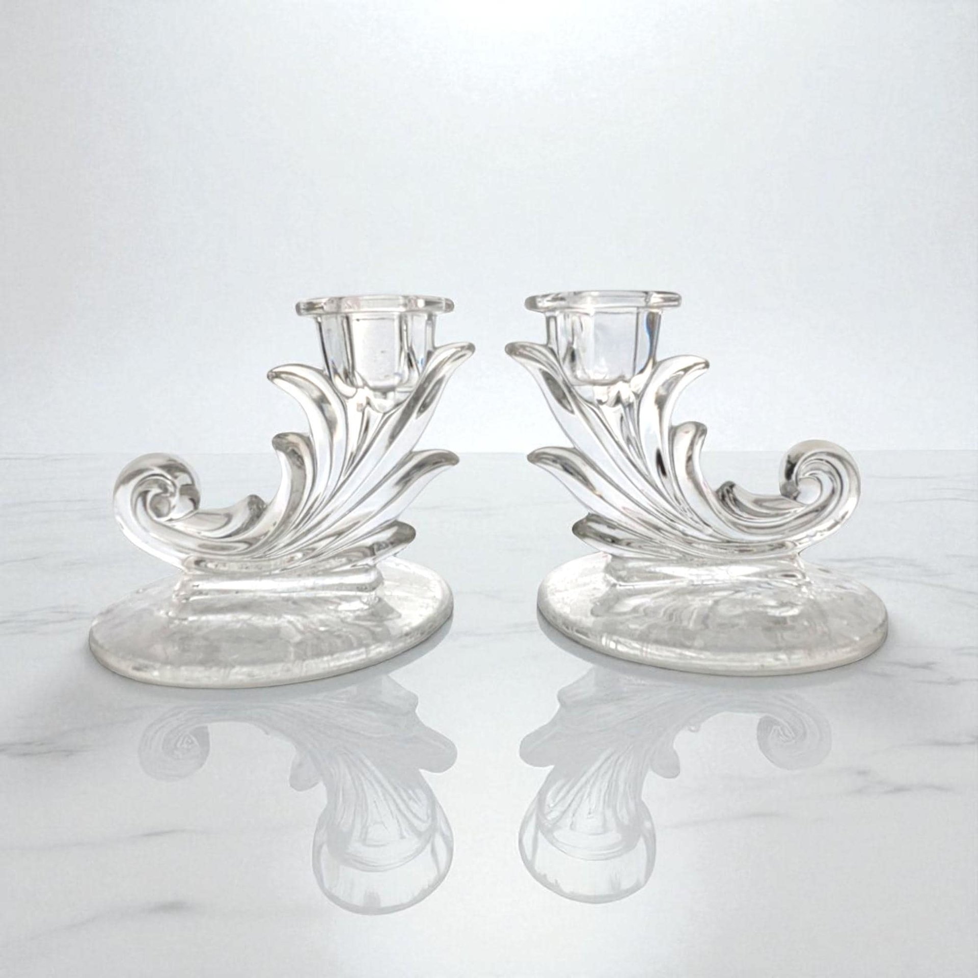 Fostoria Navarre Crystal Candlesticks: Vintage Etched Glass Pair