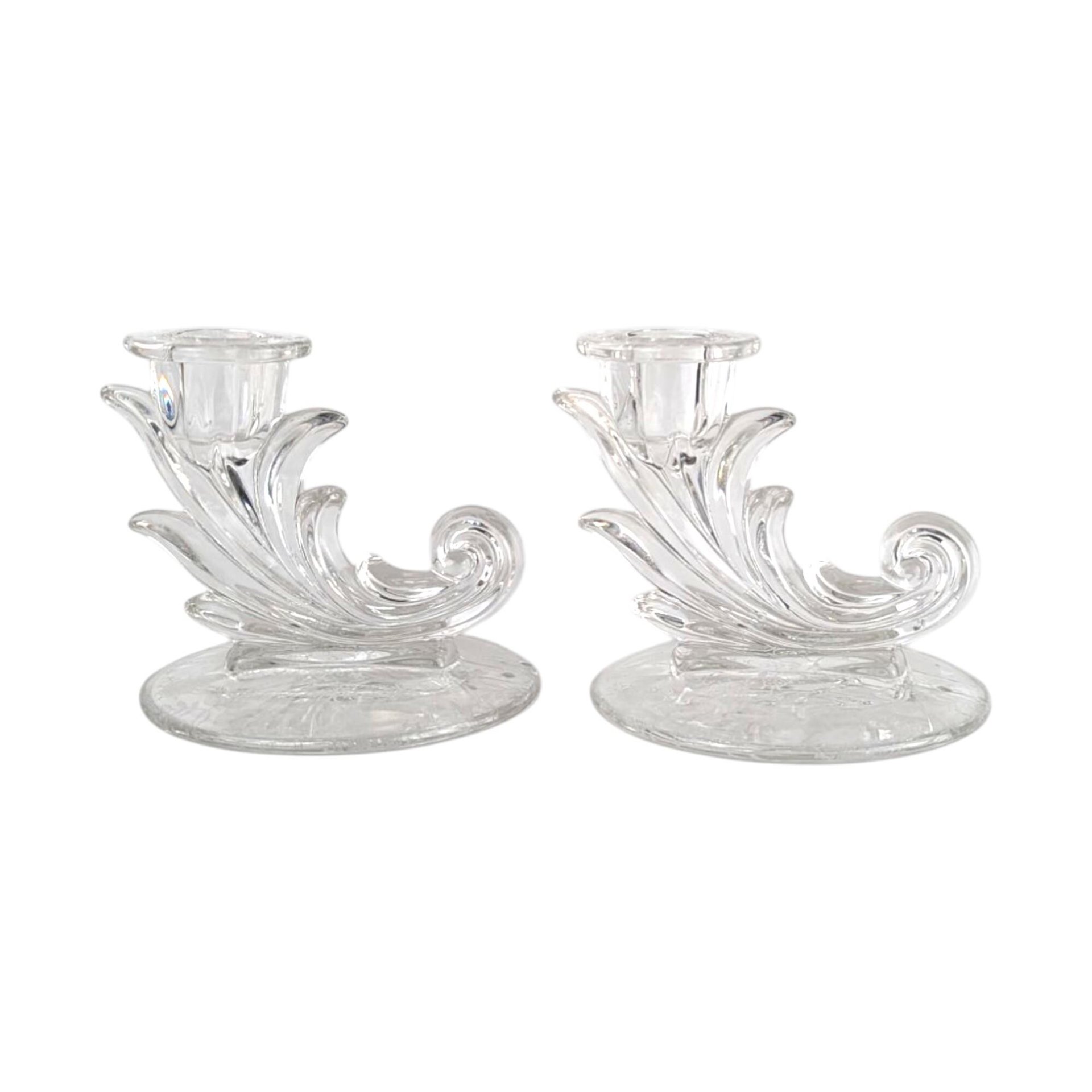 Fostoria Navarre Crystal Candlesticks: Vintage Etched Glass Pair
