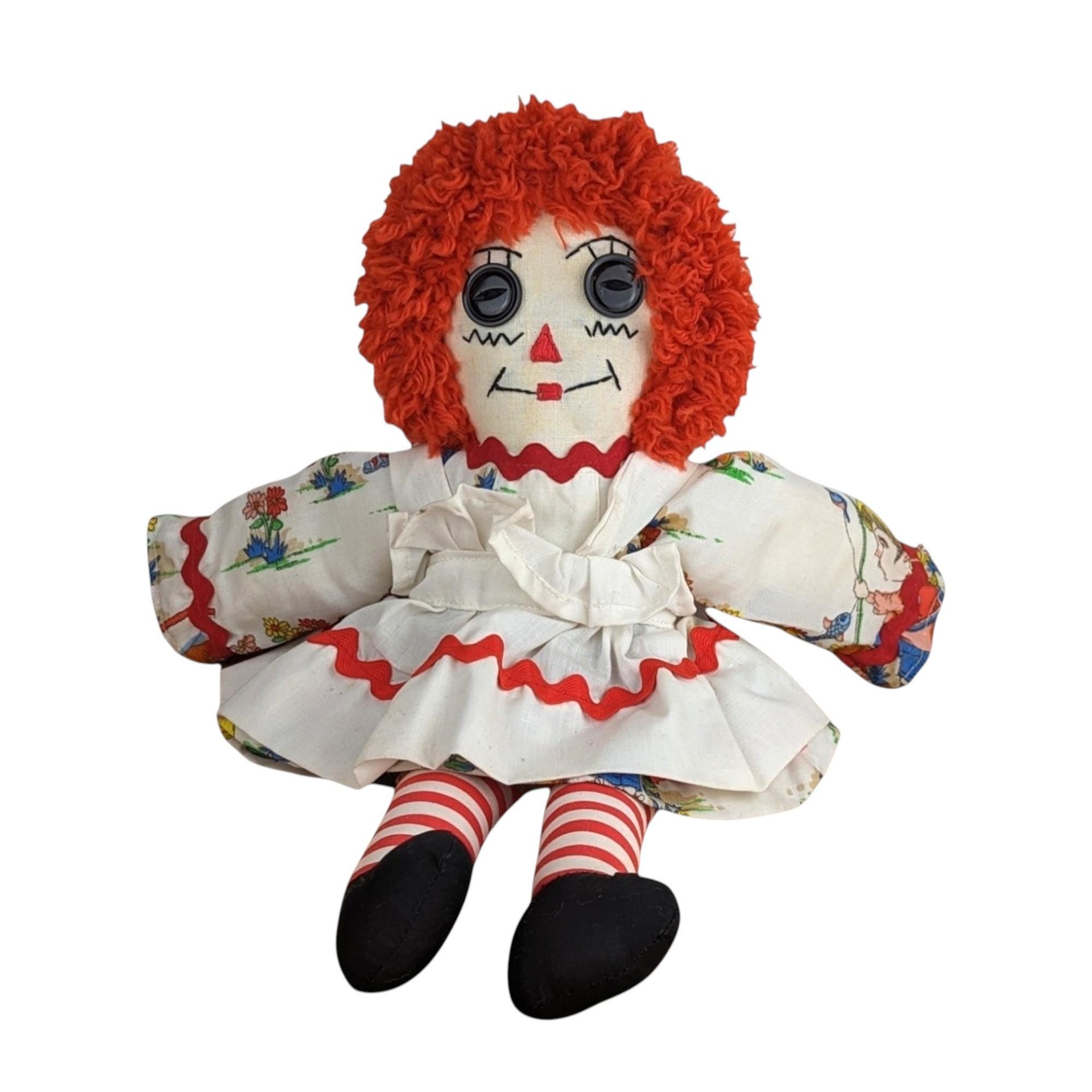Vintage Handmade Raggedy Ann Doll: 15-Inch Ragdoll with Button Eyes, Nursery Decor