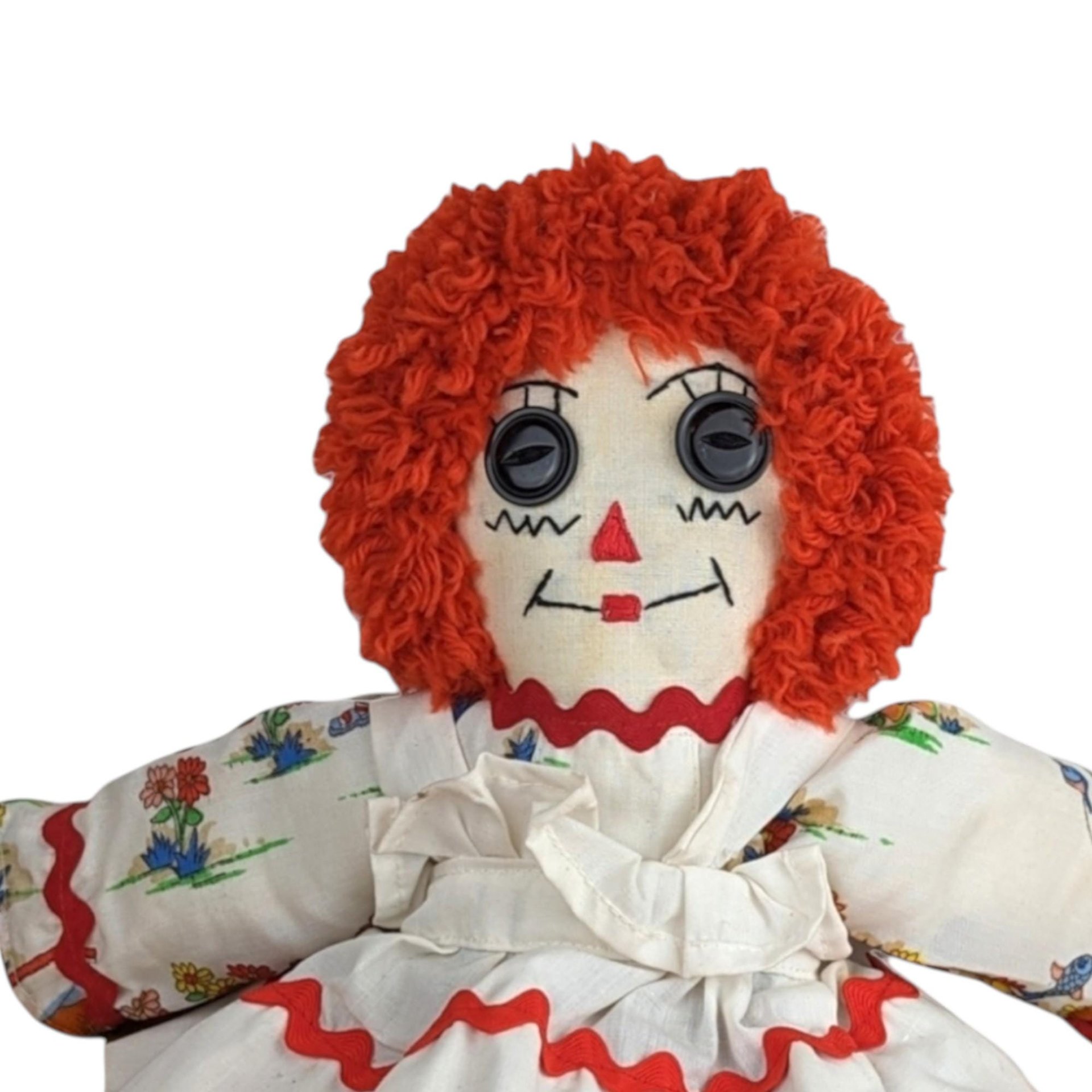 Vintage Handmade Raggedy Ann Doll: 15-Inch Ragdoll with Button Eyes, Nursery Decor
