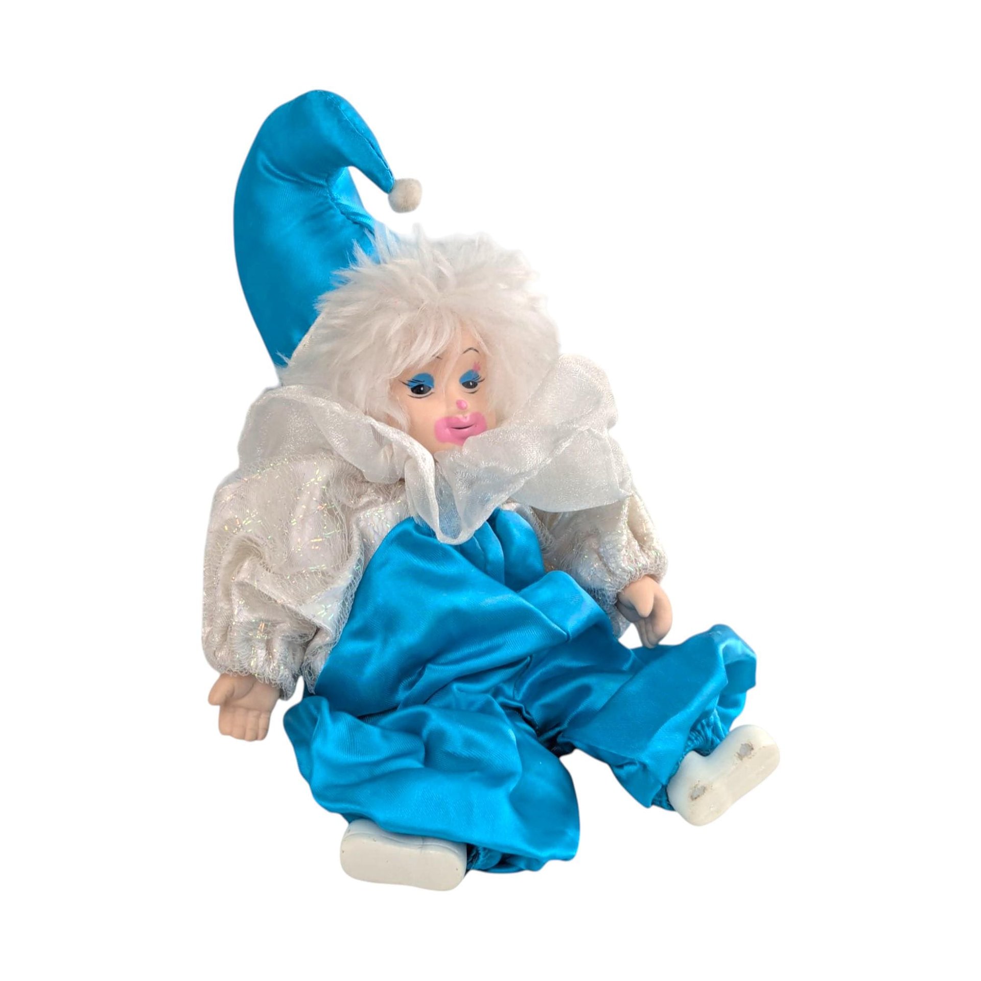 Vintage Porcelain Jester Doll: Blue & White Clown Figurine