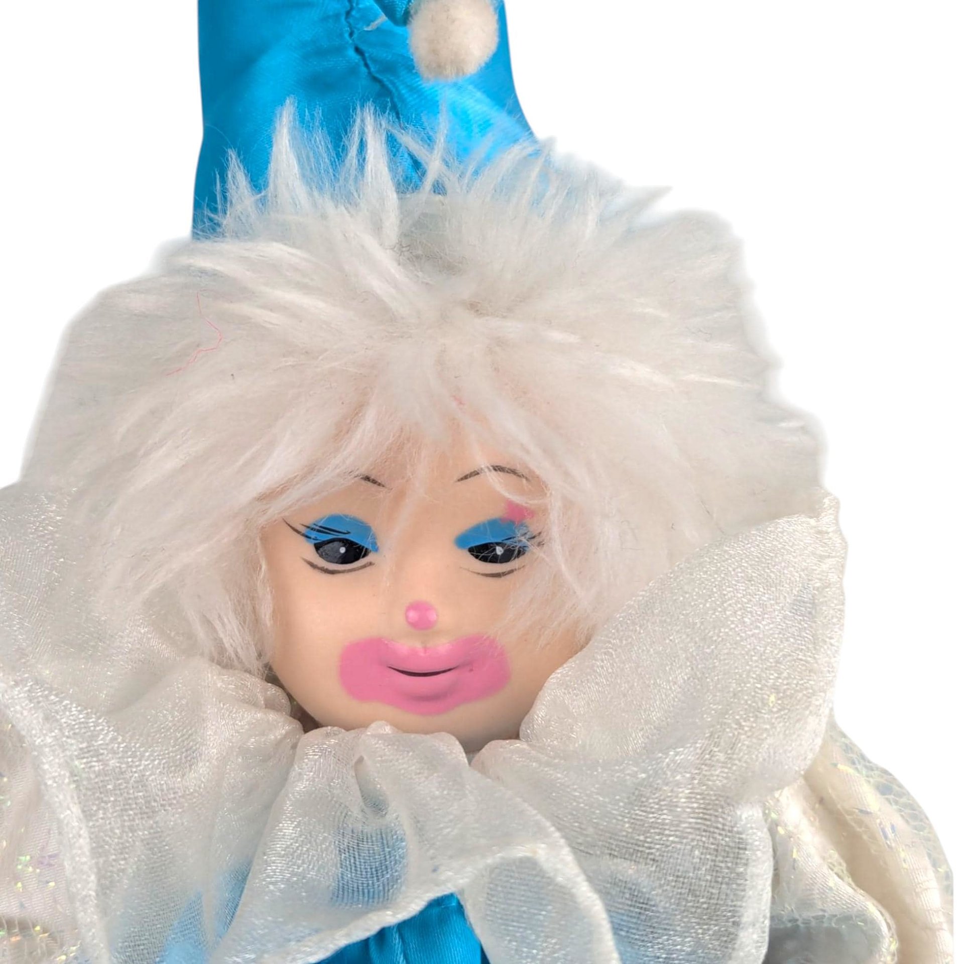 Vintage Porcelain Jester Doll: Blue & White Clown Figurine