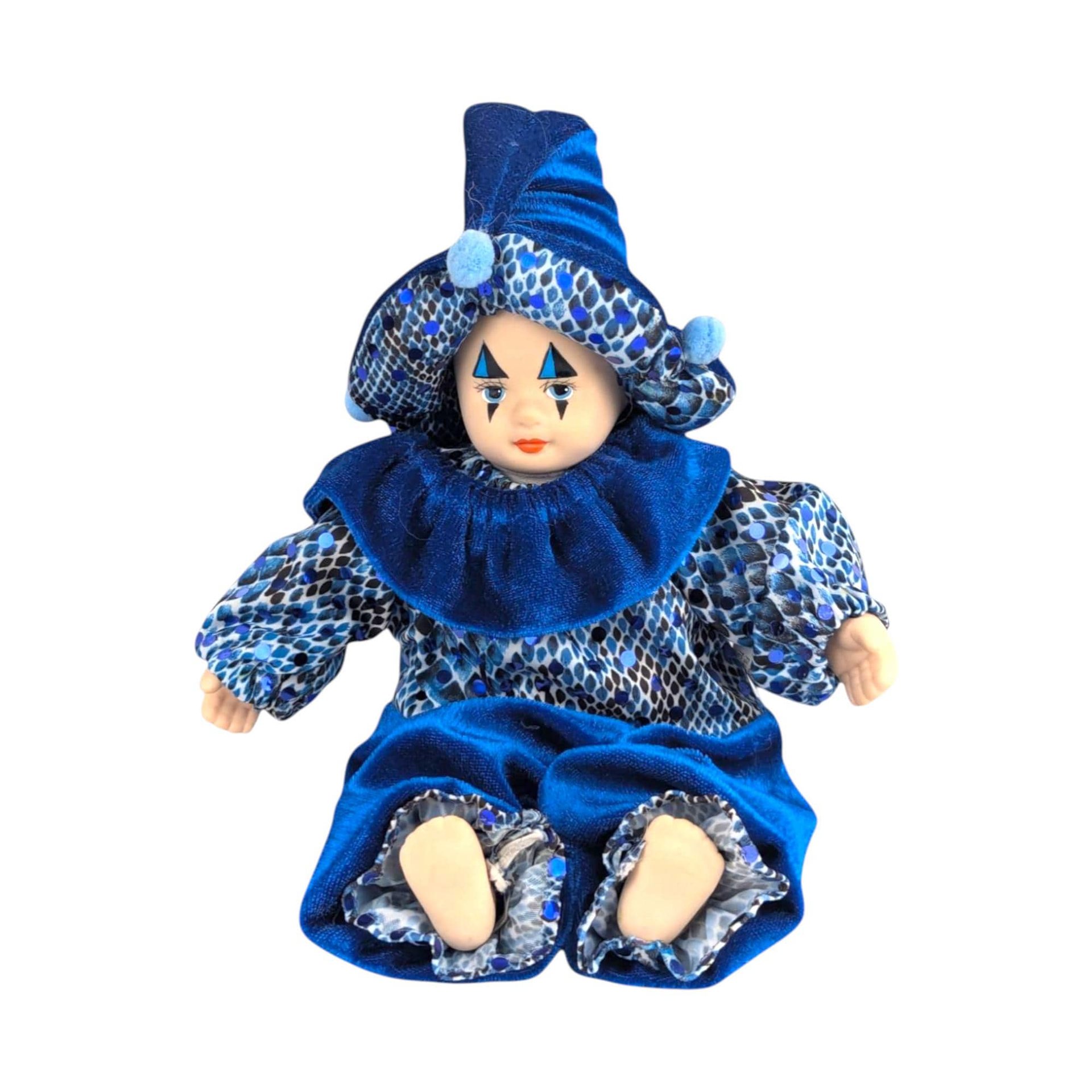 Vintage Blue Harlequin Doll: Porcelain Clown Baby Figurine, Whimsical Home Decor