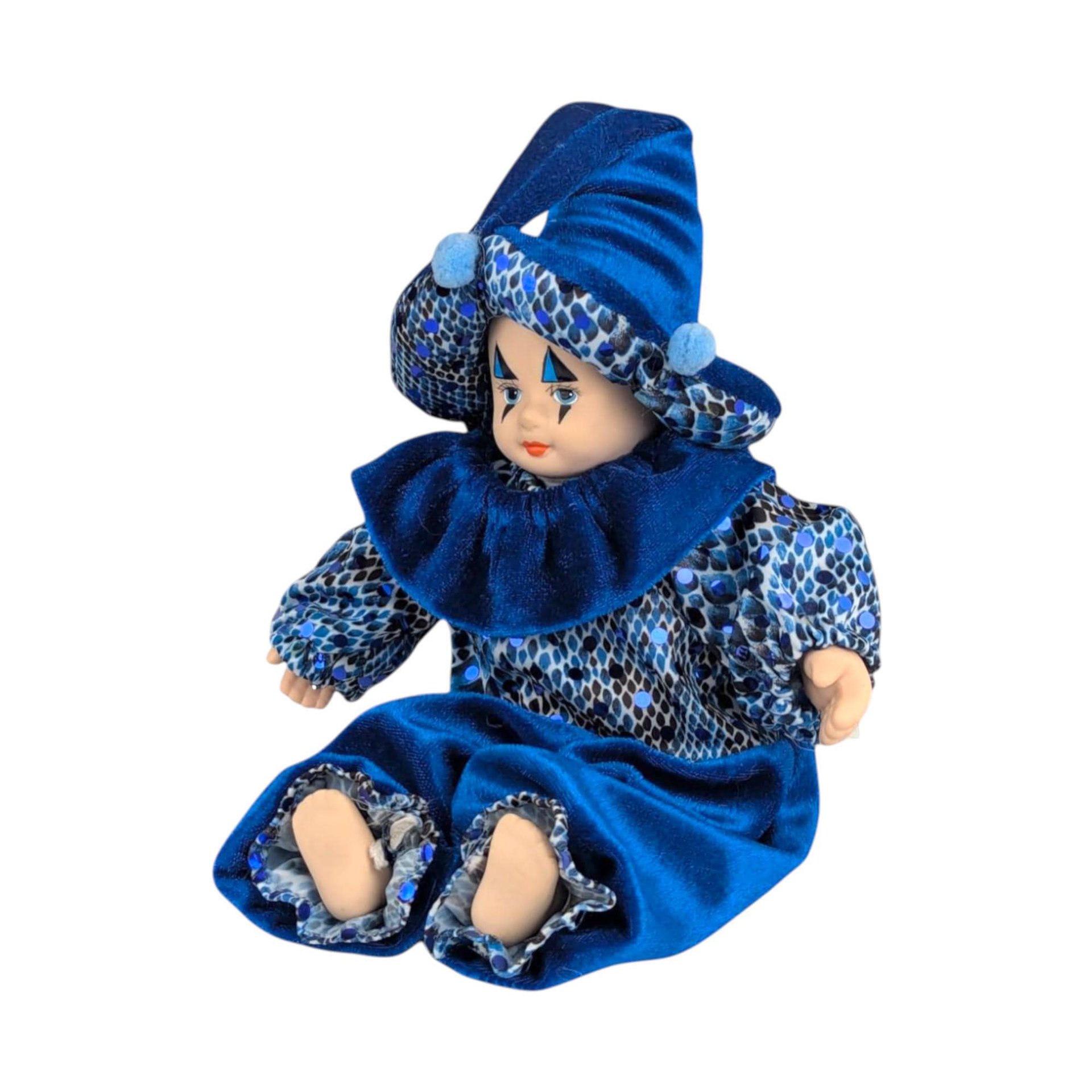 Vintage Blue Harlequin Doll: Porcelain Clown Baby Figurine, Whimsical Home Decor