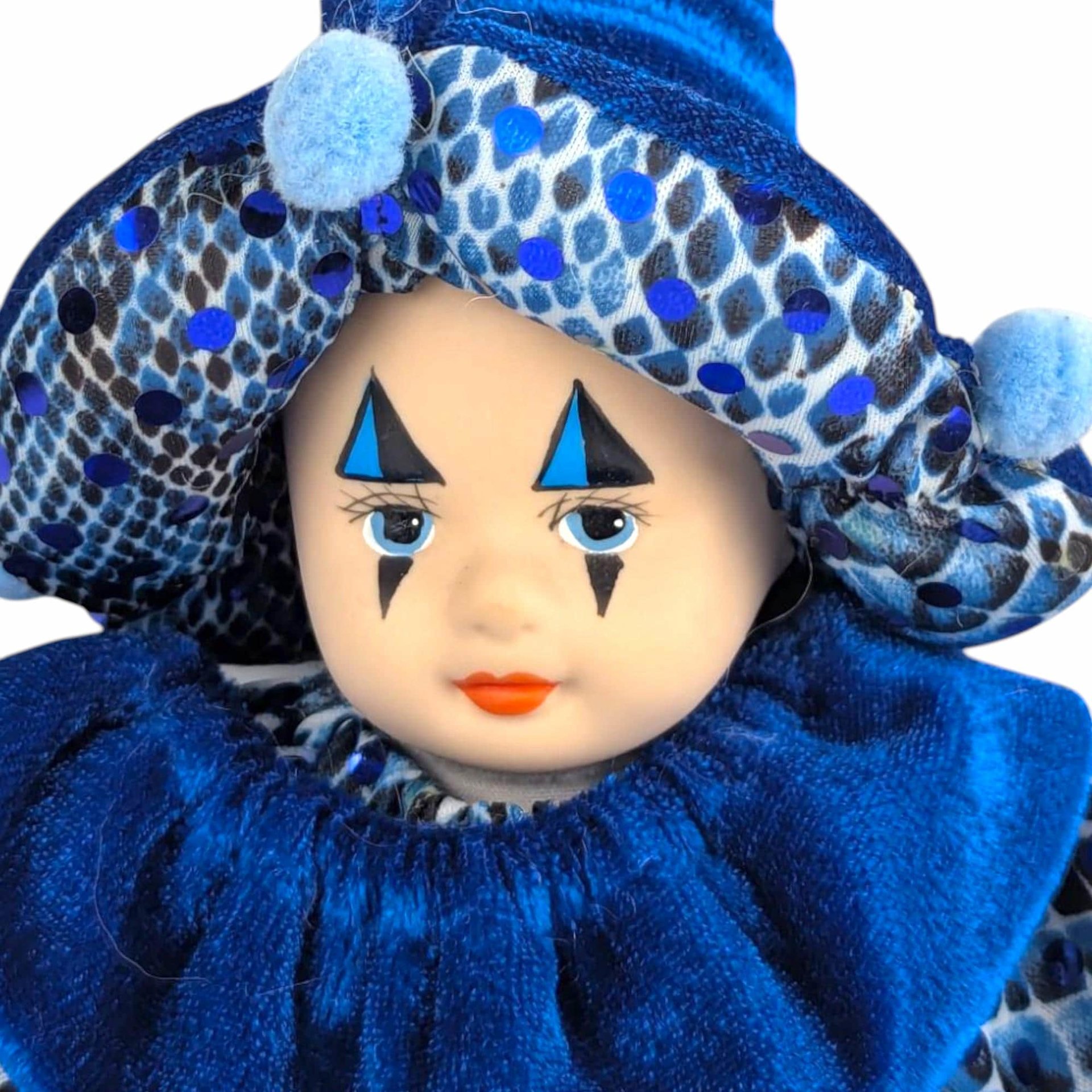 Vintage Blue Harlequin Doll: Porcelain Clown Baby Figurine, Whimsical Home Decor