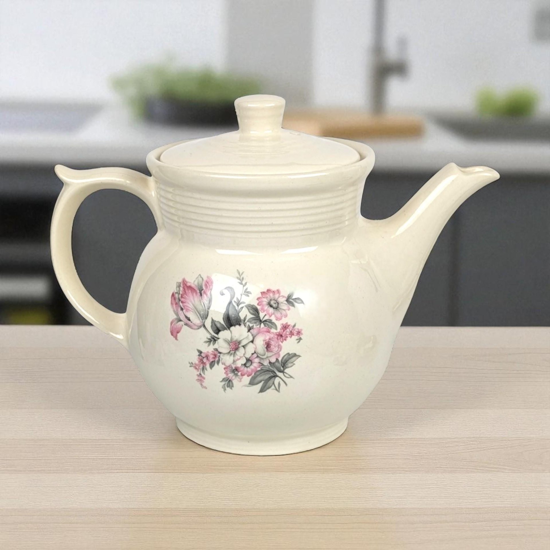 Vintage Drip-O-Lator Coffee Pot: Cream Ceramic Vase with Pink Flowers