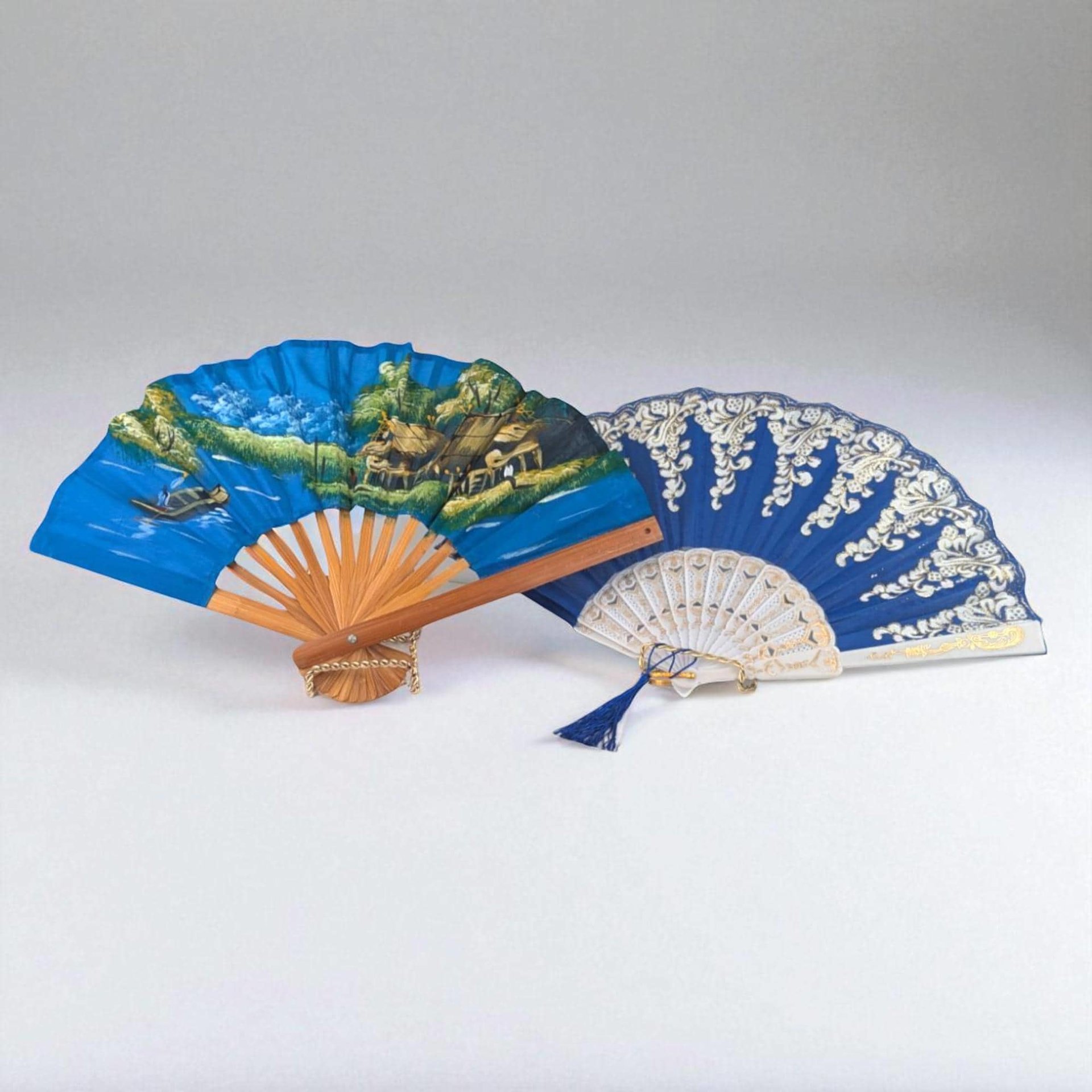 Vintage Asian Inspired Decorative Fans: Cloth, Wood & Plastic Wall Decor