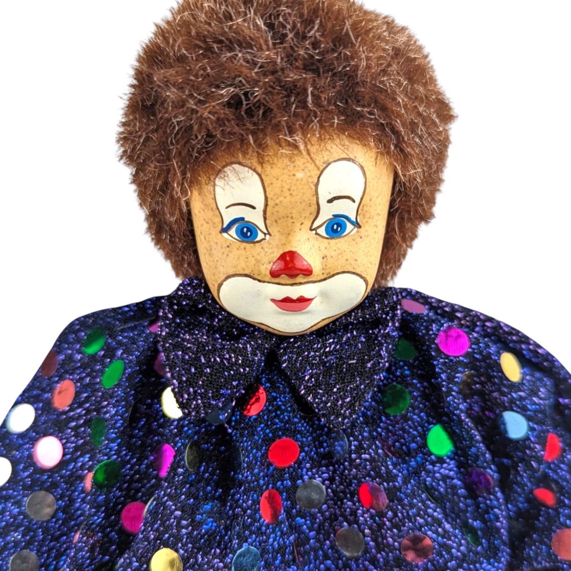 Vintage Porcelain Clown Doll: Polka Dot Outfit, Circus Decor