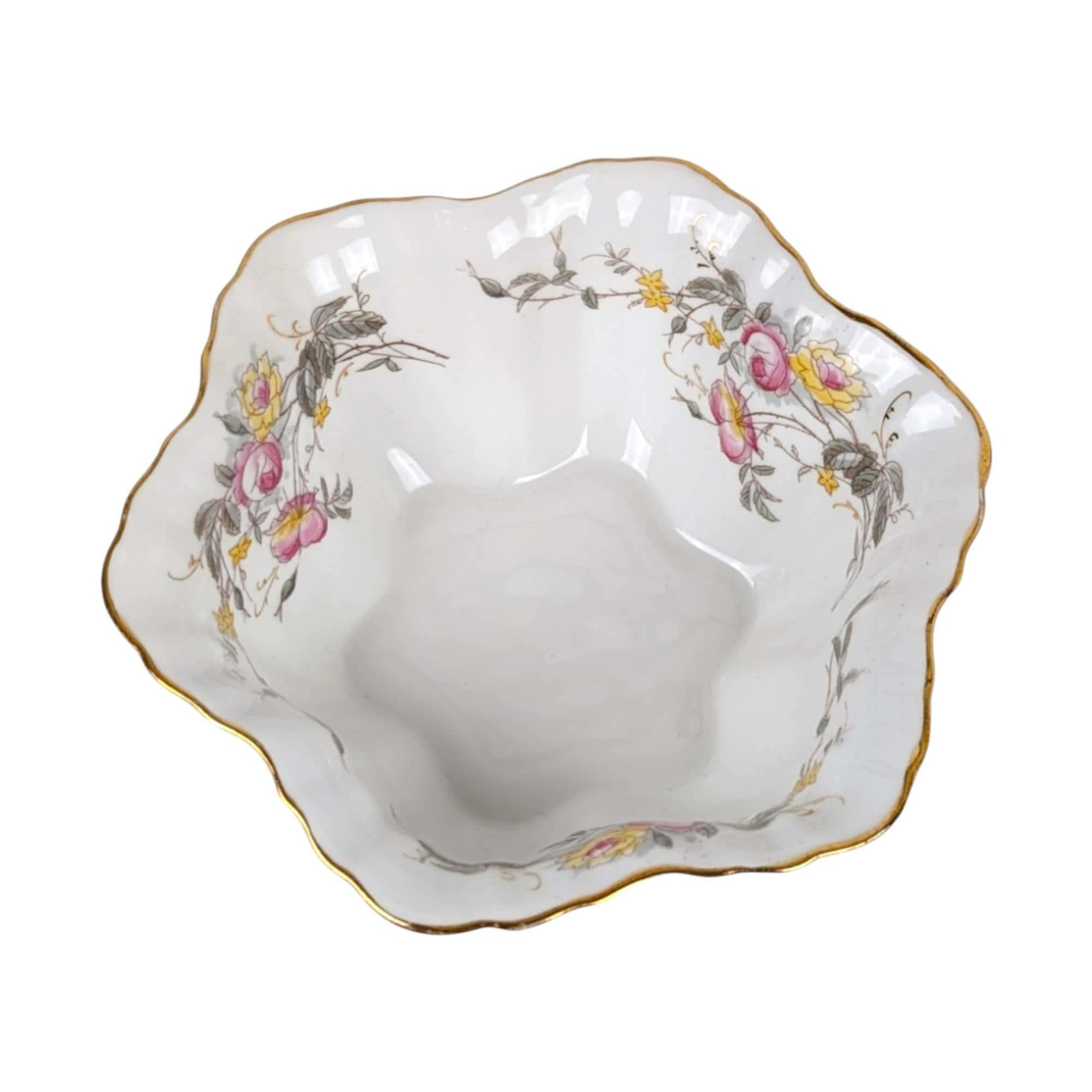Vintage German Porcelain Serving Bowl: Floral Design, Gold Rim