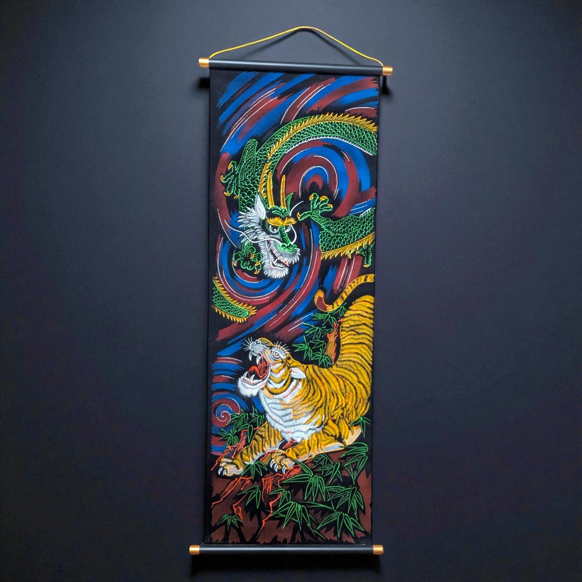 Vintage Japanese Dragon Tiger Velvet Handpainted Scroll Wall Art