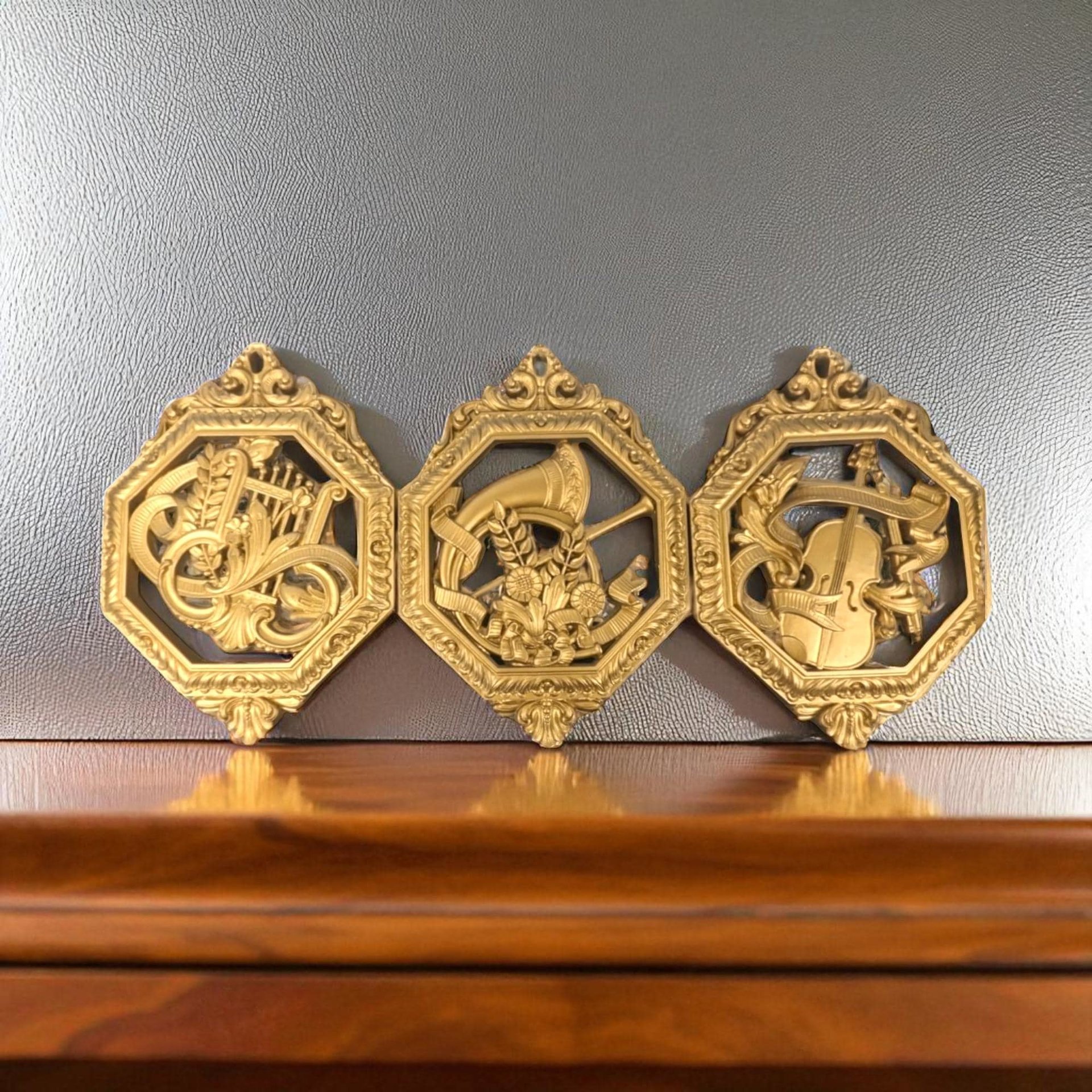 Vintage Homco Musical Instrument Wall Plaques: 1970s Gold Decor, Set of 3
