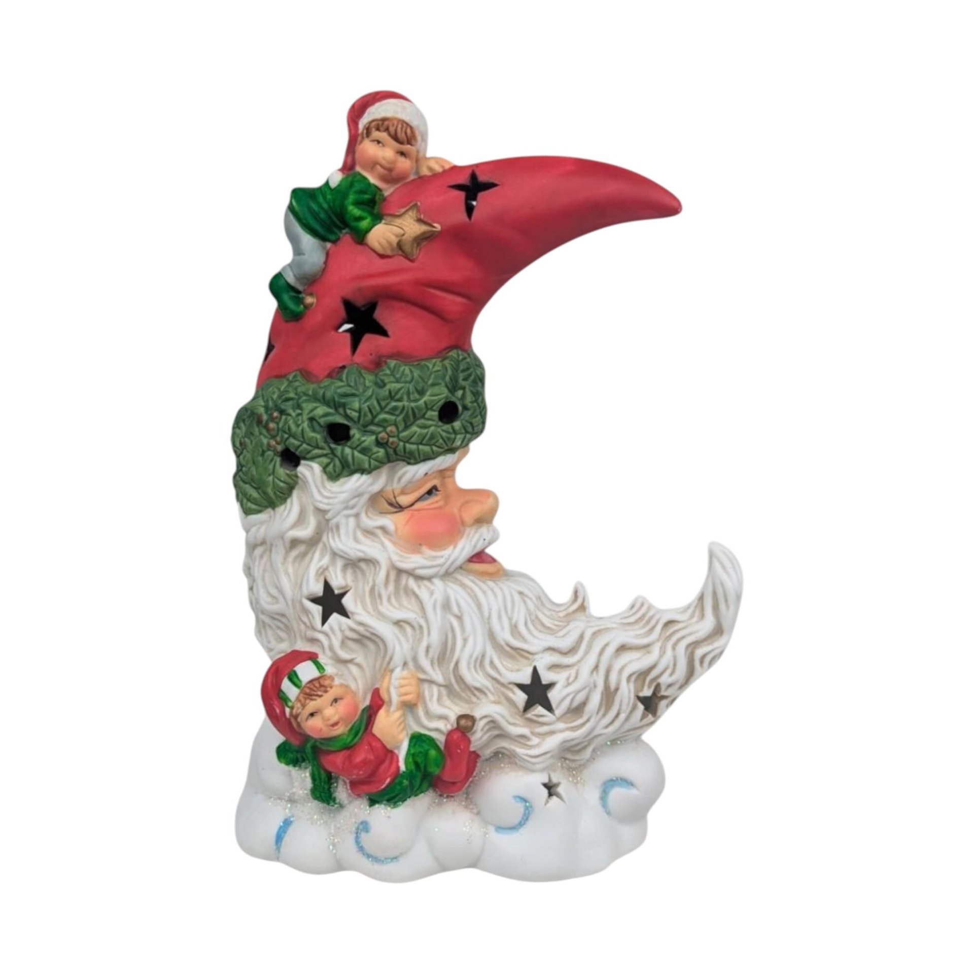 Vintage Ceramic Santa Tealight Holder: Crescent Moon & Elves, 8.5 Inch