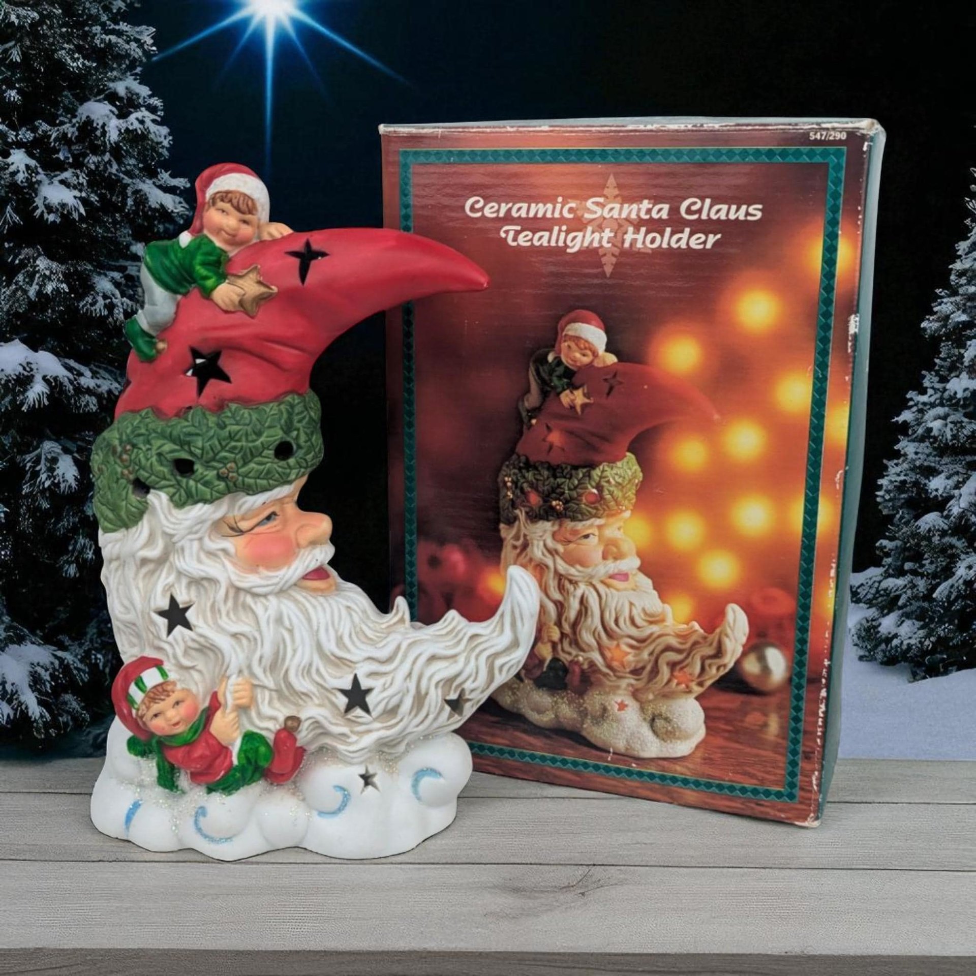 Vintage Ceramic Santa Tealight Holder: Crescent Moon & Elves, 8.5 Inch