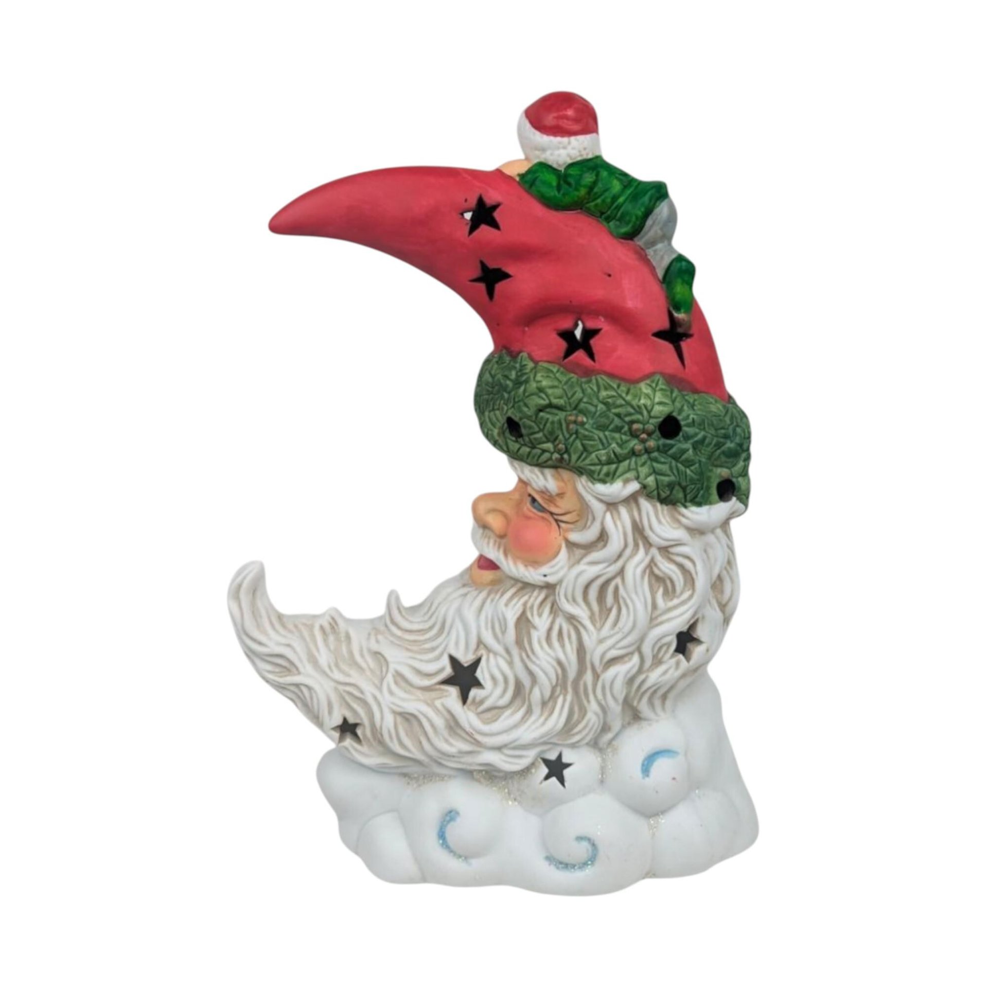 Vintage Ceramic Santa Tealight Holder: Crescent Moon & Elves, 8.5 Inch