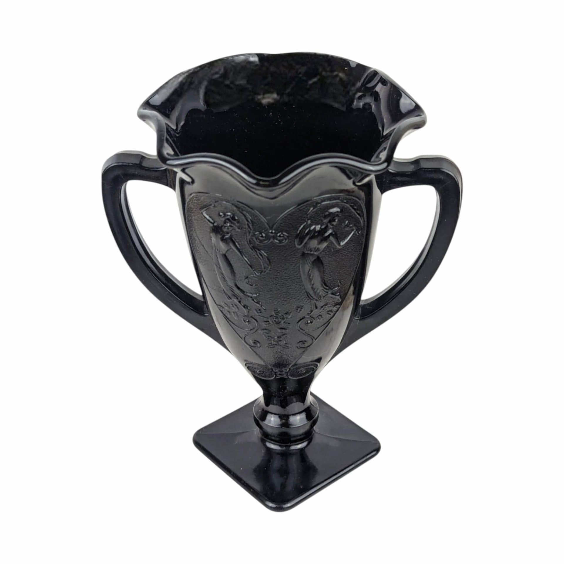 Vintage L.E. Smith Dancing Nymphs Vase: Black Amethyst Art Deco Glassware