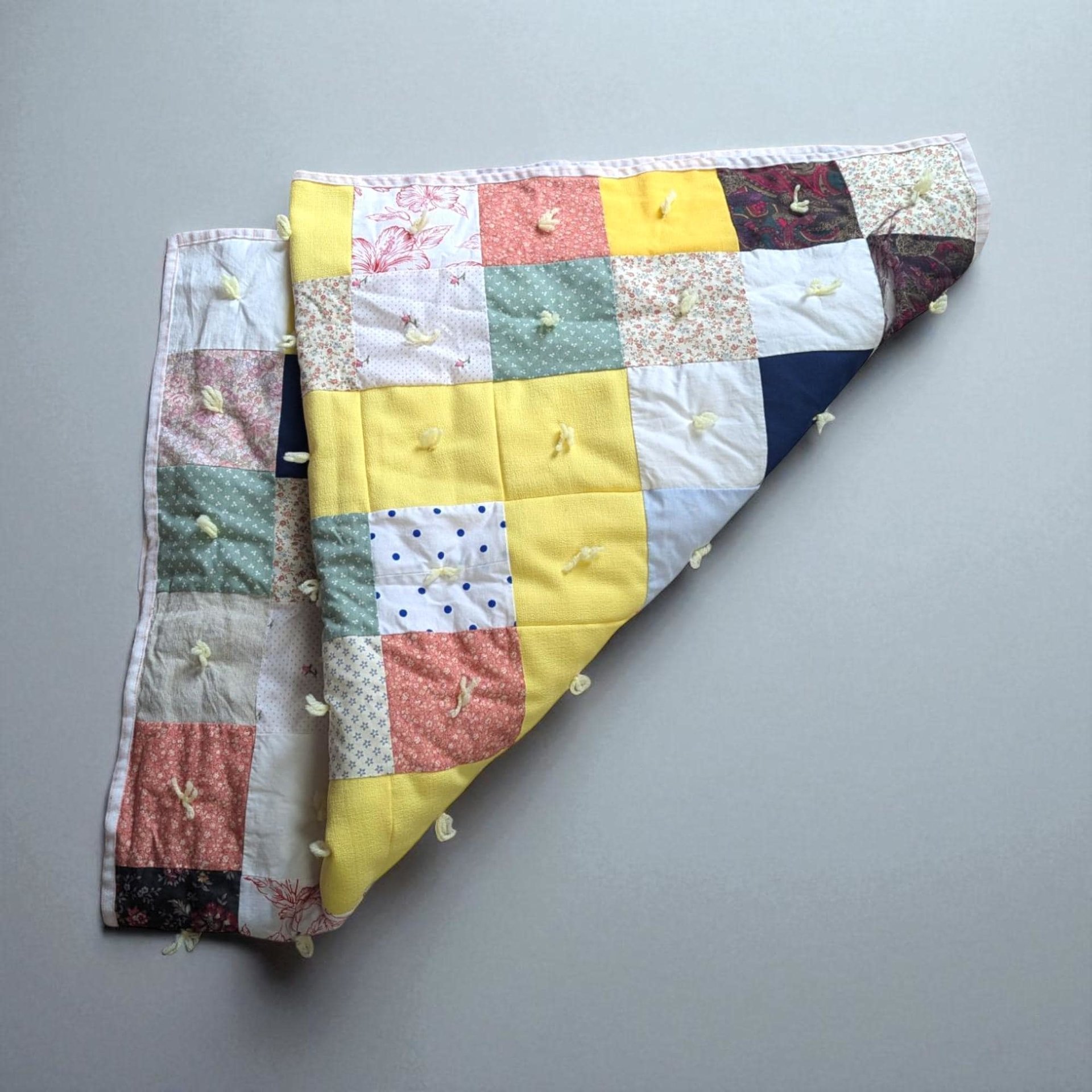 Vintage Handmade Patchwork Baby Blanket: Yellow Floral Calico Crib Quilt