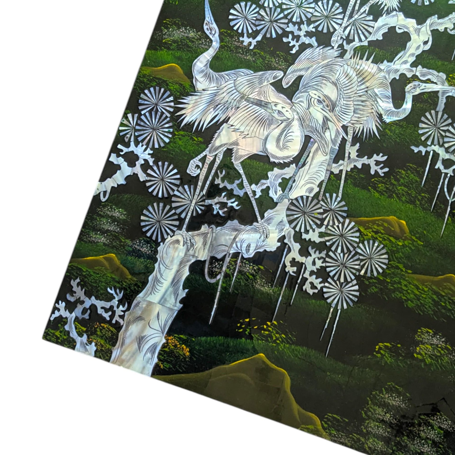 Large Mother of Pearl Wall Plaque, Vintage Asian Lacquer Art Panel with Cranes, Bird Decor, Oriental Wall Hanging