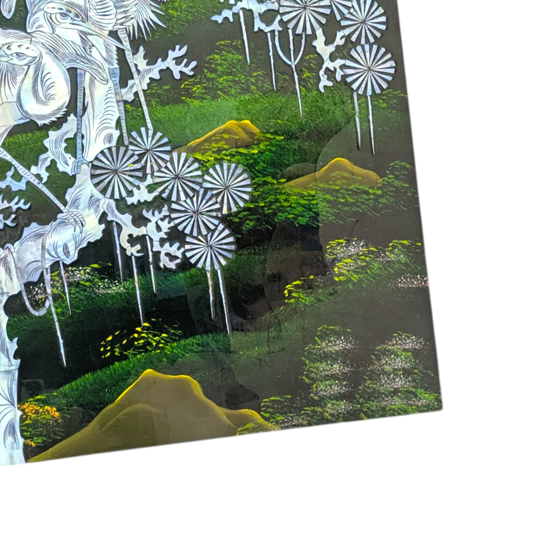 Large Mother of Pearl Wall Plaque, Vintage Asian Lacquer Art Panel with Cranes, Bird Decor, Oriental Wall Hanging