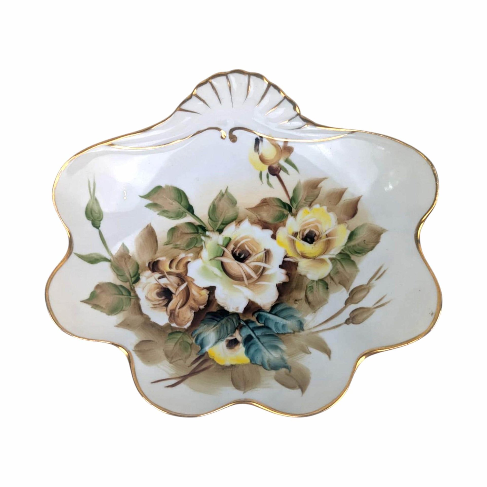 Vintage Ucagco Floral Trinket Dish: Hand Painted Roses, Gold Trim