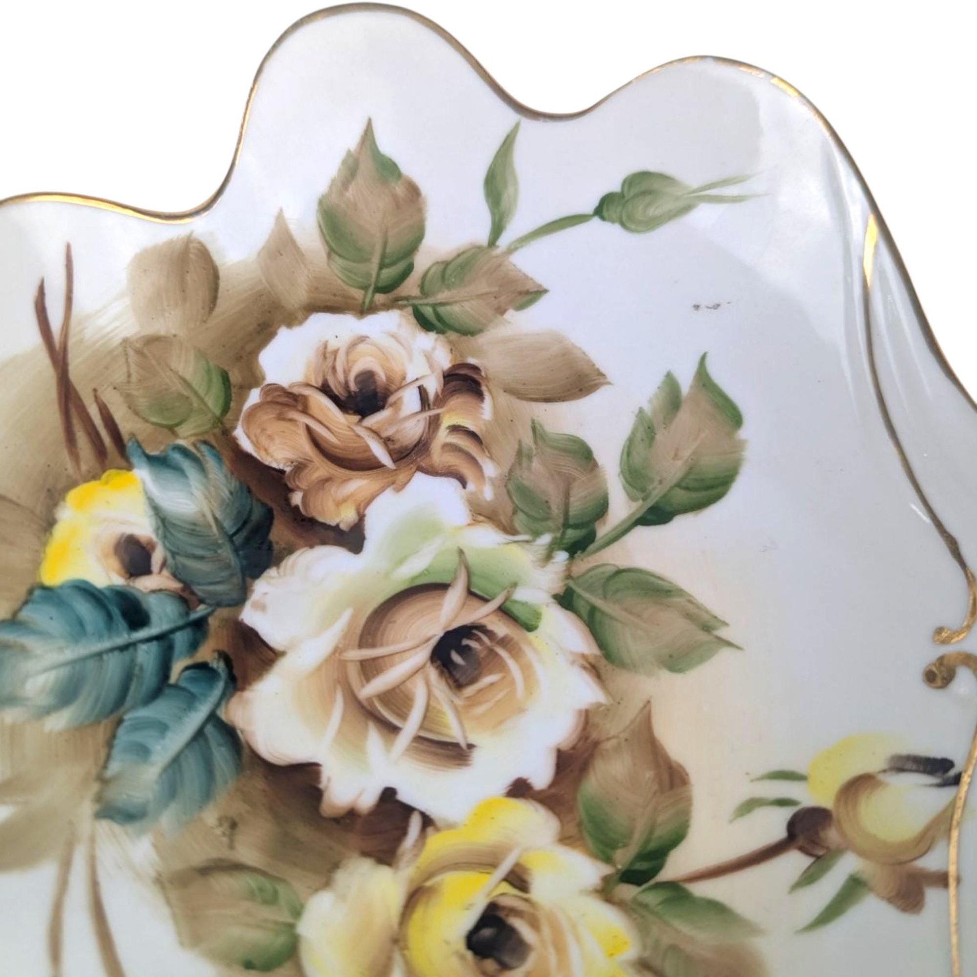 Vintage Ucagco Floral Trinket Dish: Hand Painted Roses, Gold Trim