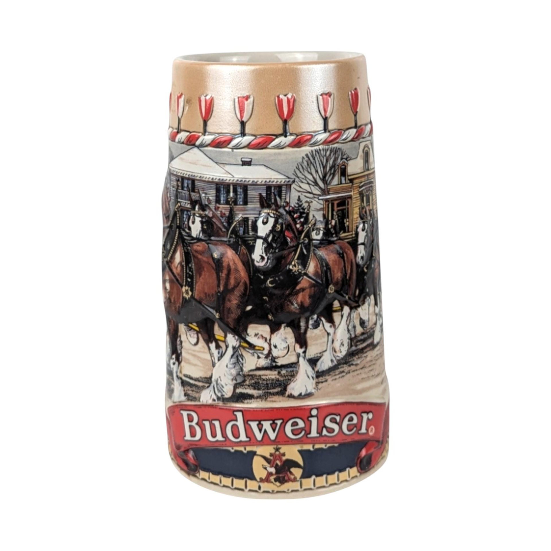 1986 Budweiser Holiday Stein: Clydesdale Horses Christmas Town Scene