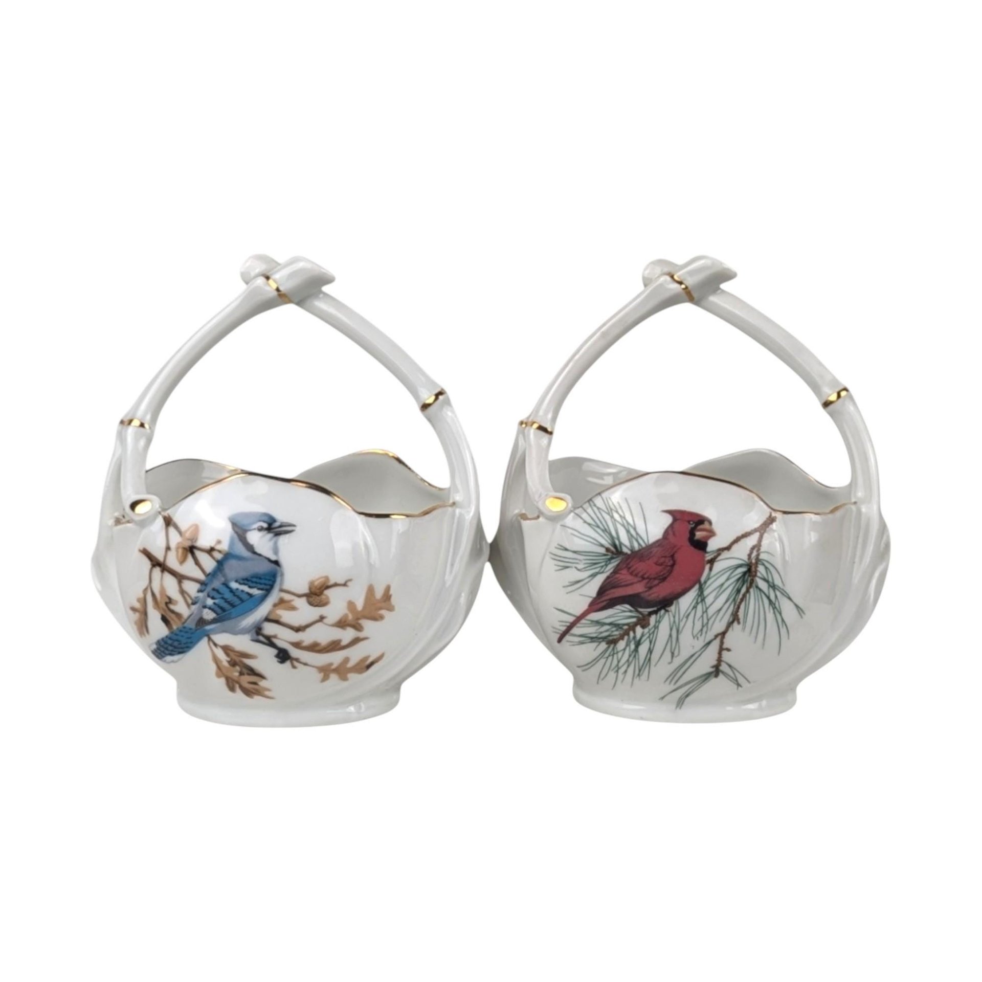 Vintage Limoges Porcelain Bird Baskets: Cardinal & Blue Jay Pair