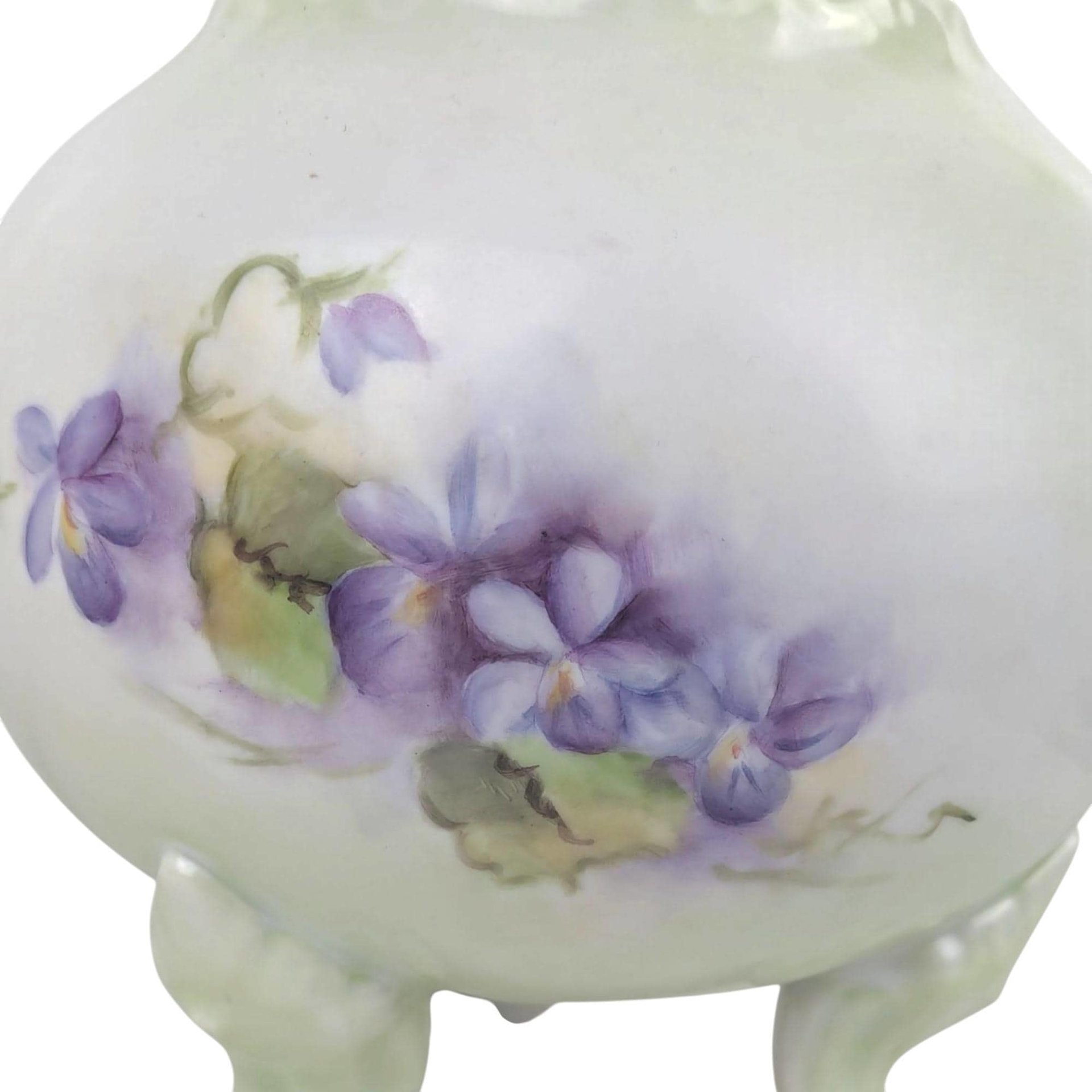 Vintage Footed Bowl/Vase with Hand Painted Violets, Art Nouveau Style Porcelain Planter, Purple Floral Vanity Dish, Cottagecore Candy Bowl