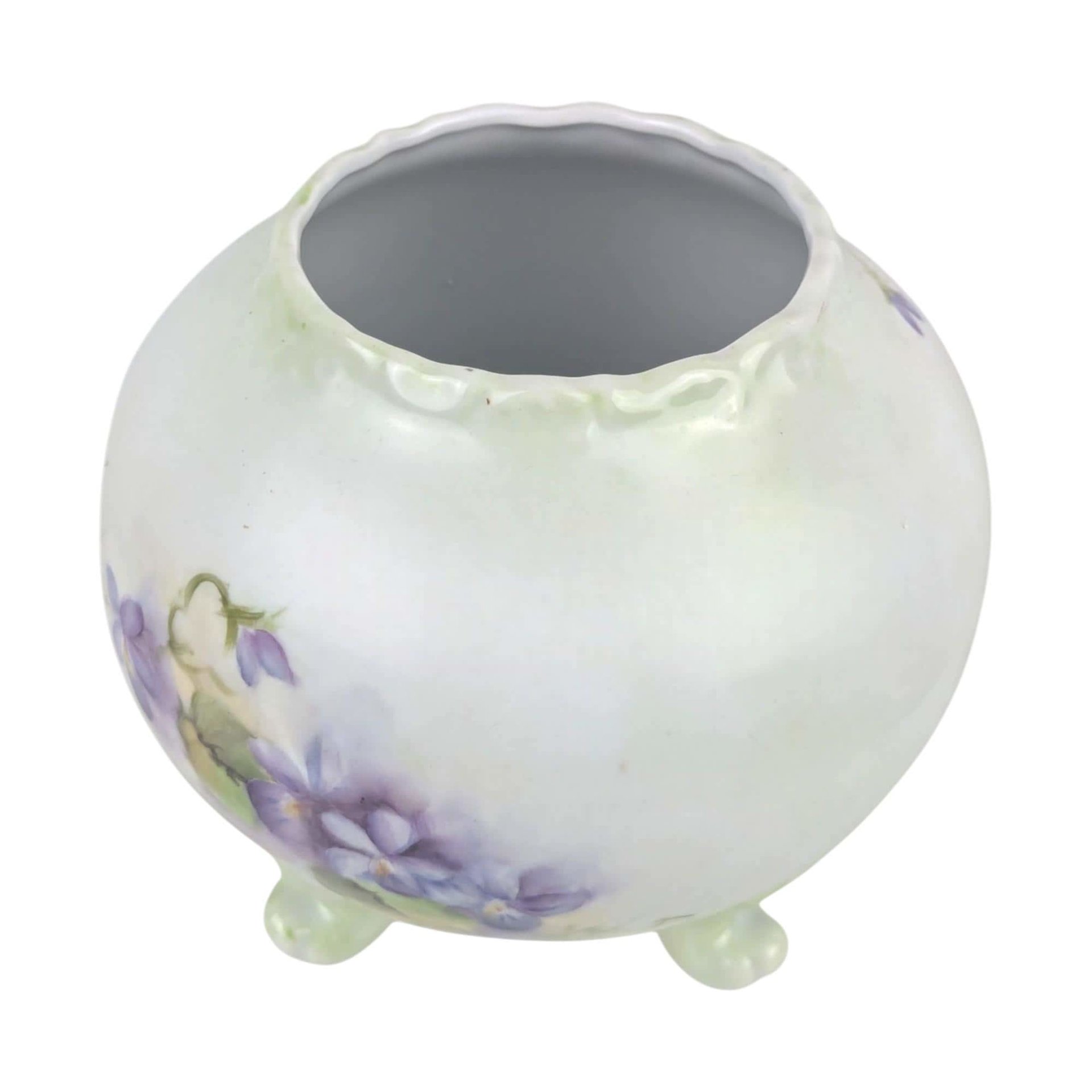 Vintage Footed Bowl/Vase with Hand Painted Violets, Art Nouveau Style Porcelain Planter, Purple Floral Vanity Dish, Cottagecore Candy Bowl