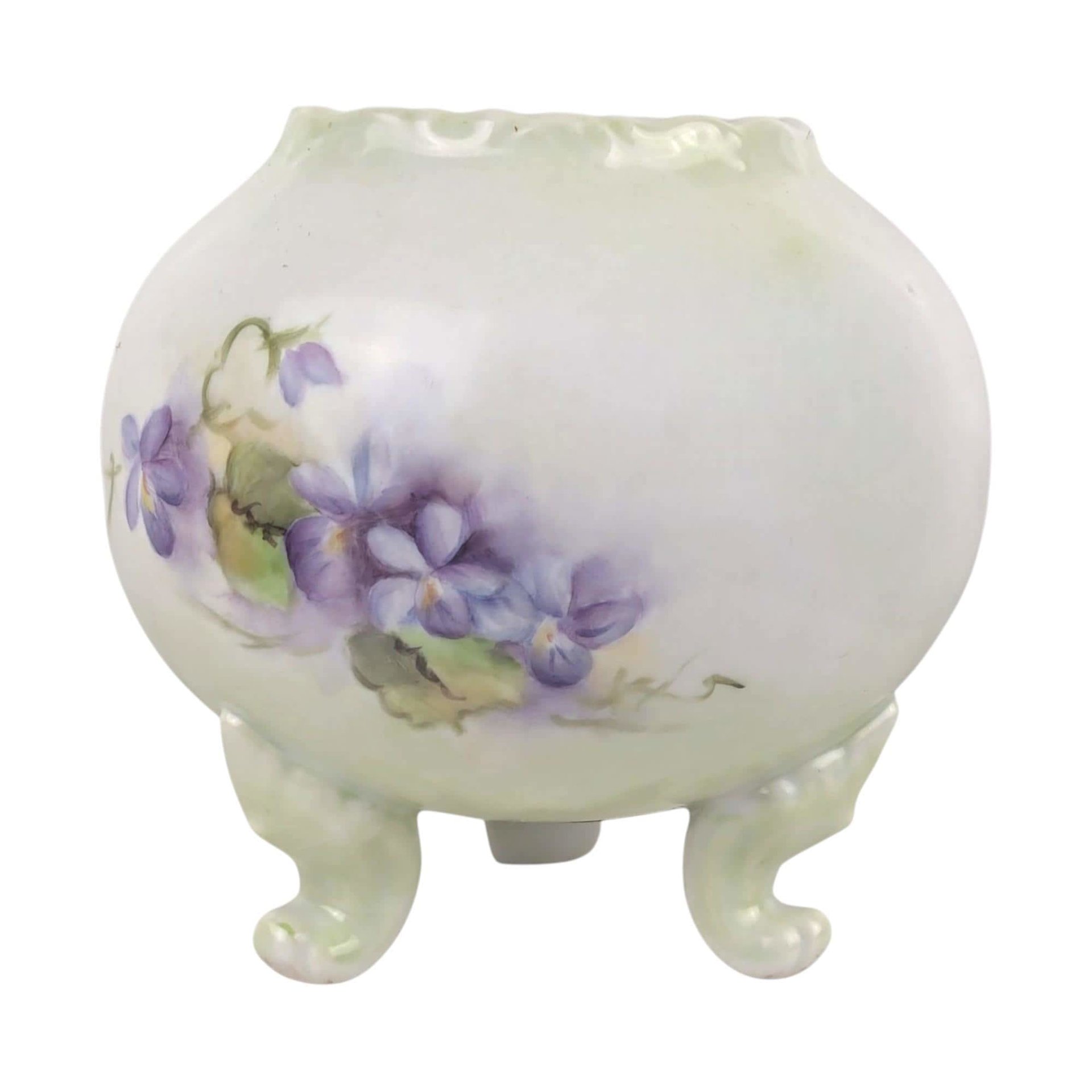 Vintage Footed Bowl/Vase with Hand Painted Violets, Art Nouveau Style Porcelain Planter, Purple Floral Vanity Dish, Cottagecore Candy Bowl