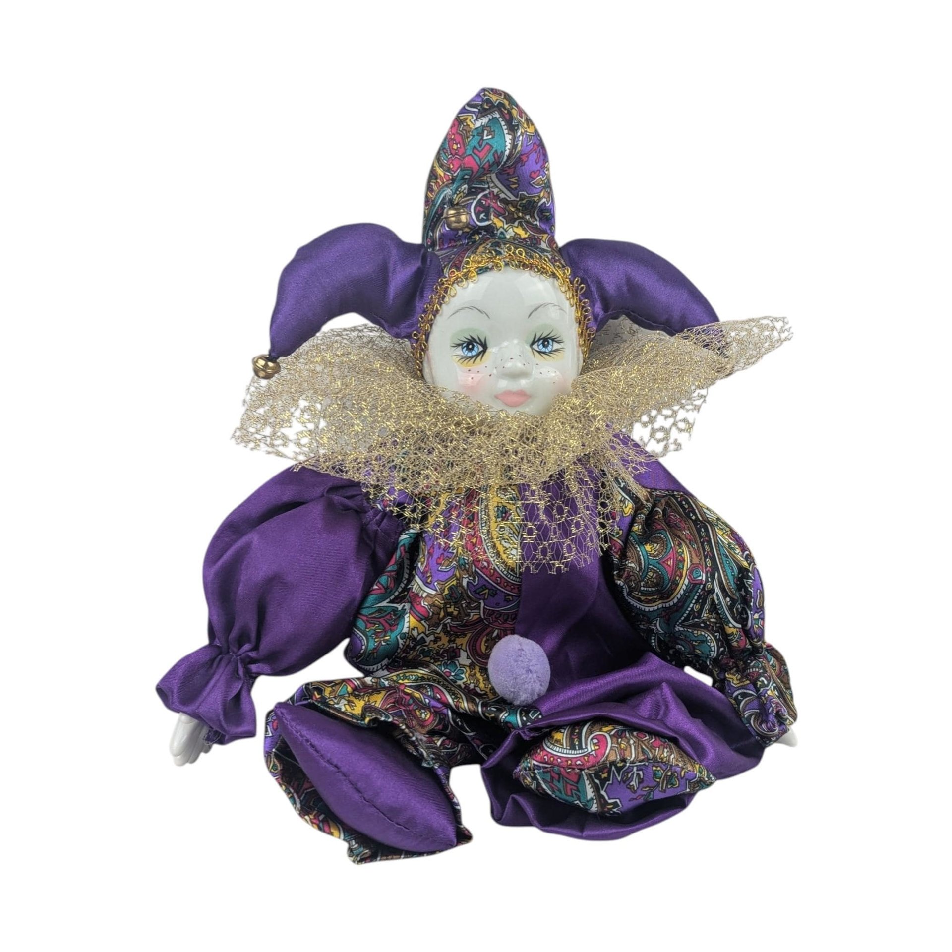 Vintage Porcelain Jester Doll Shelf Sitter, Purple Harlequin Figurine, Collectible Pierrot Clown Decor, Whimsical Mantel Display