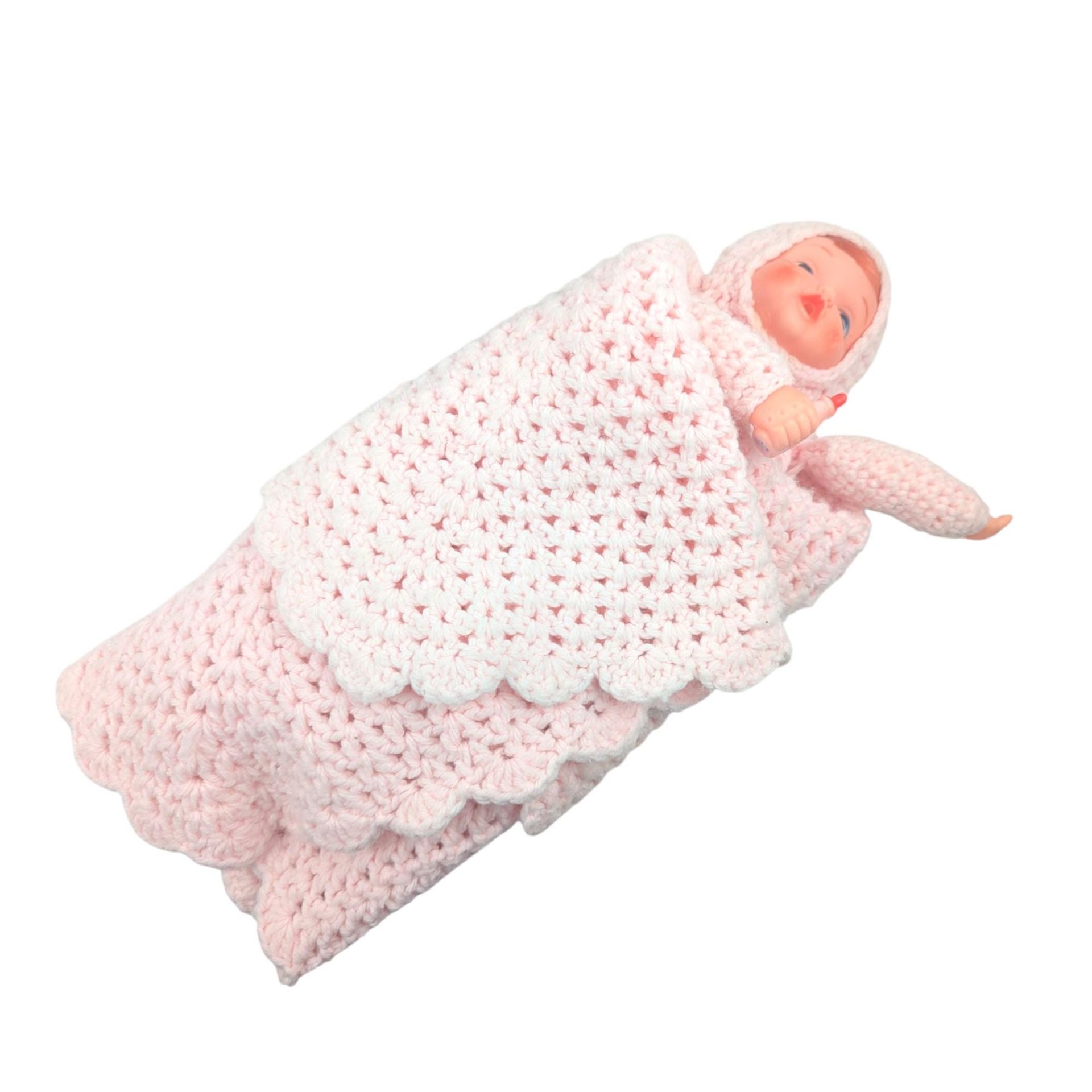 Vintage Crocheted Pink Baby Doll with Attached Blanket, Handmade Nursery Decor Toy, Baby Shower Keepsake Gift for Girl
