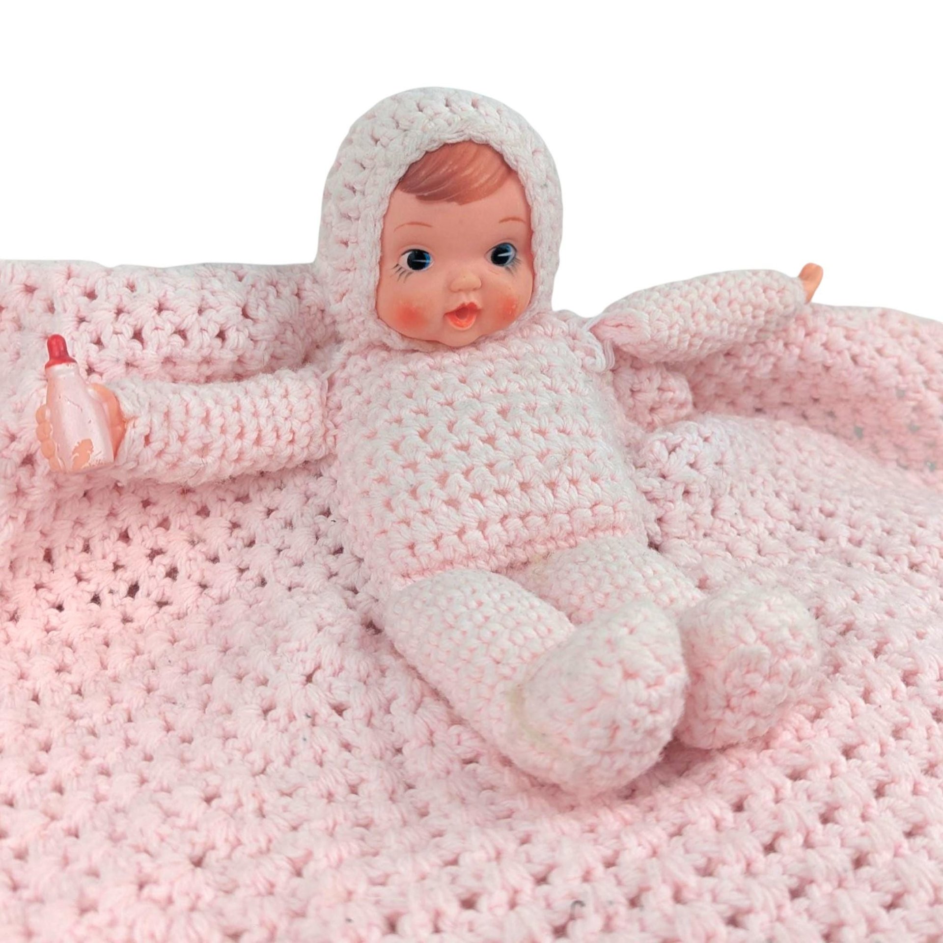 Vintage Crocheted Pink Baby Doll with Attached Blanket, Handmade Nursery Decor Toy, Baby Shower Keepsake Gift for Girl