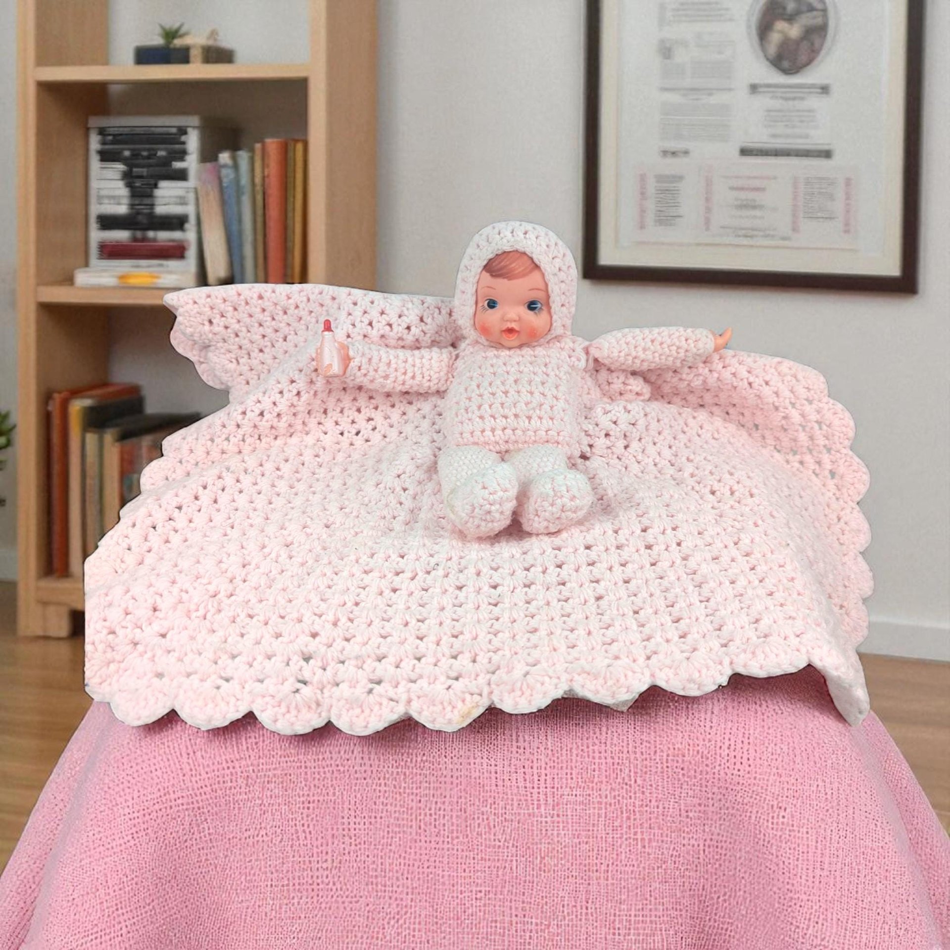 Vintage Crocheted Pink Baby Doll with Attached Blanket, Handmade Nursery Decor Toy, Baby Shower Keepsake Gift for Girl