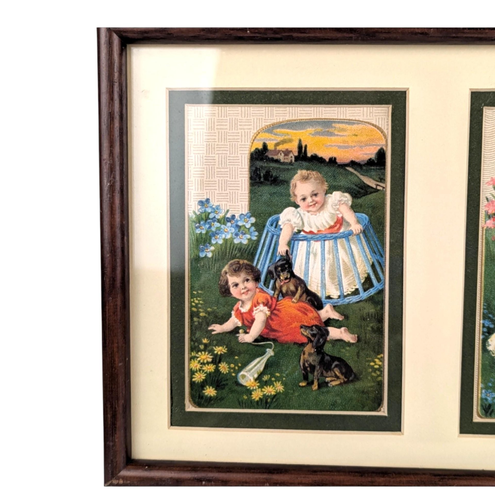 Vintage Sasparilla Advertising Cards: Children & Dogs Framed Wall Decor (Set of 2, 10.5x8")