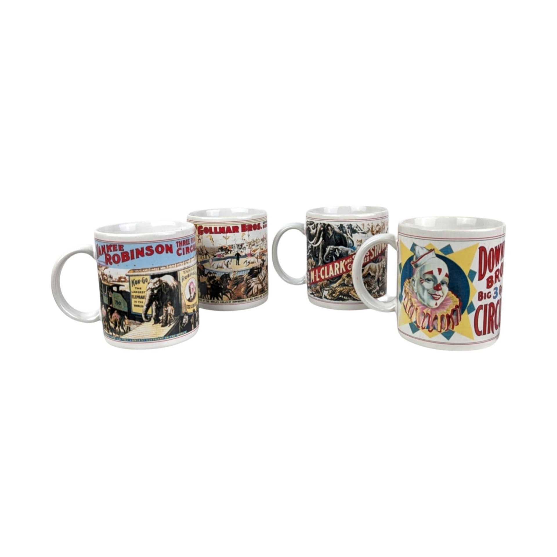 Vintage Flambro Ceramic Circus Poster Mugs - Set of 4, Retro Kitchen Decor