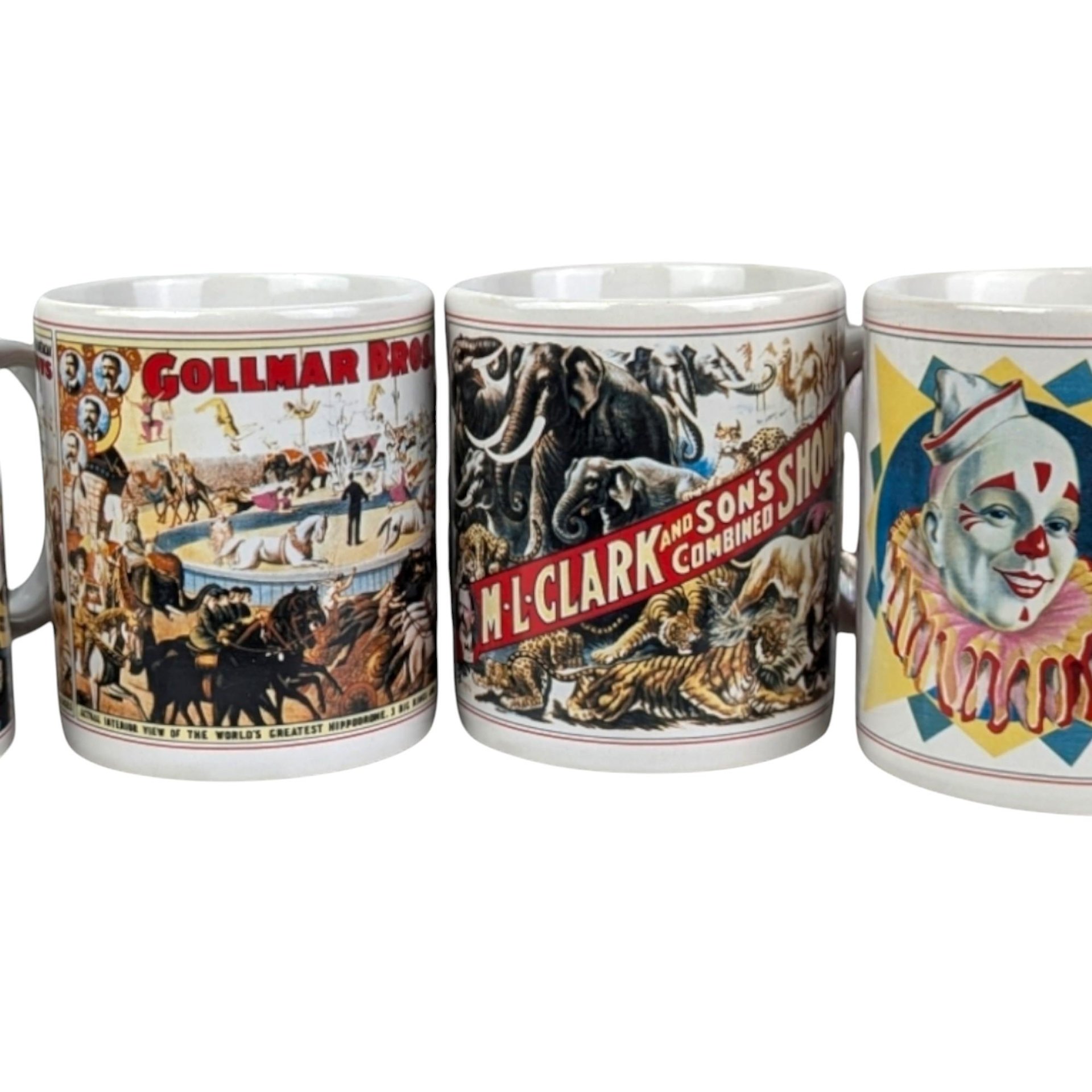Vintage Flambro Ceramic Circus Poster Mugs - Set of 4, Retro Kitchen Decor