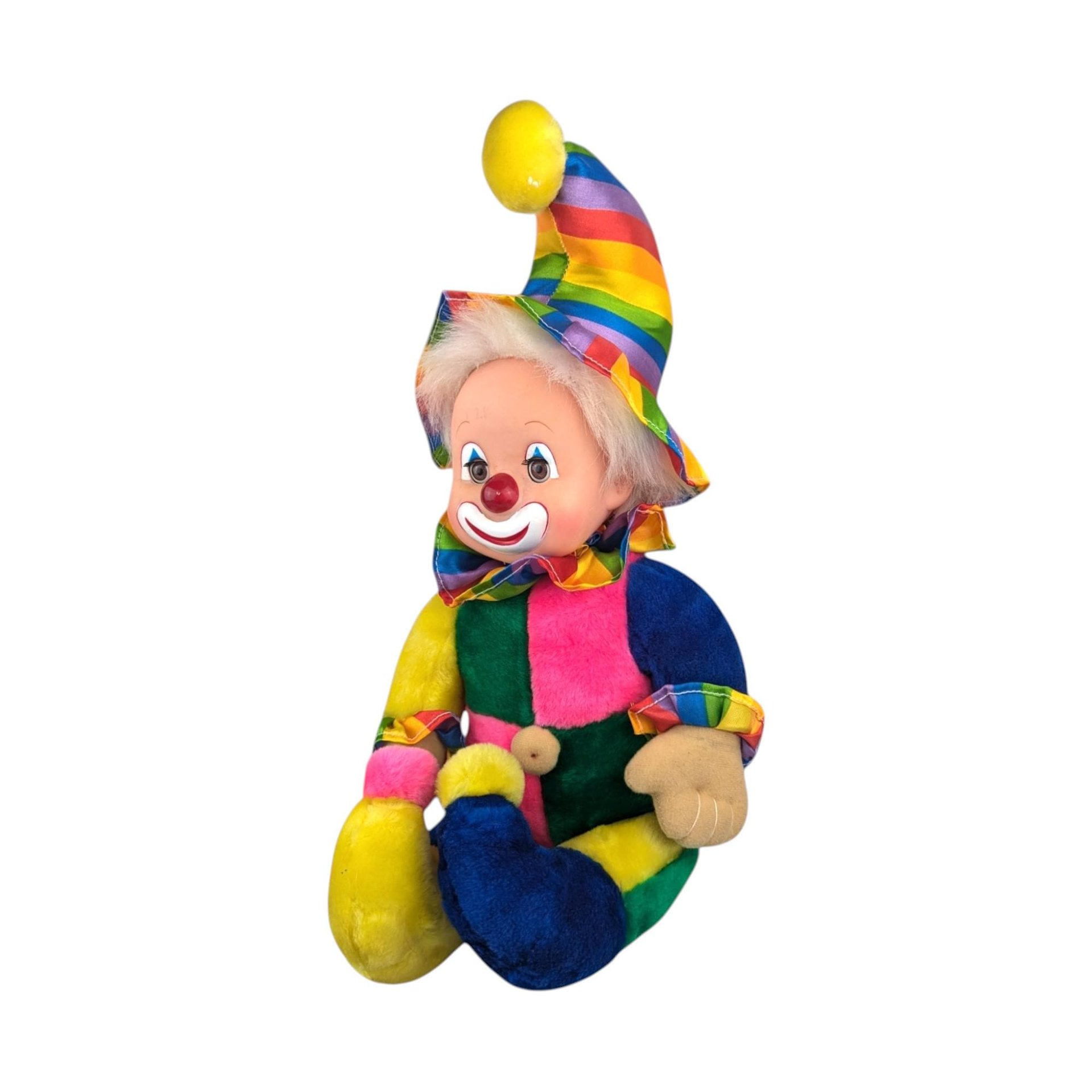Vintage Rainbow Clown Doll: Sleepy Eyes, Whimsical Decor
