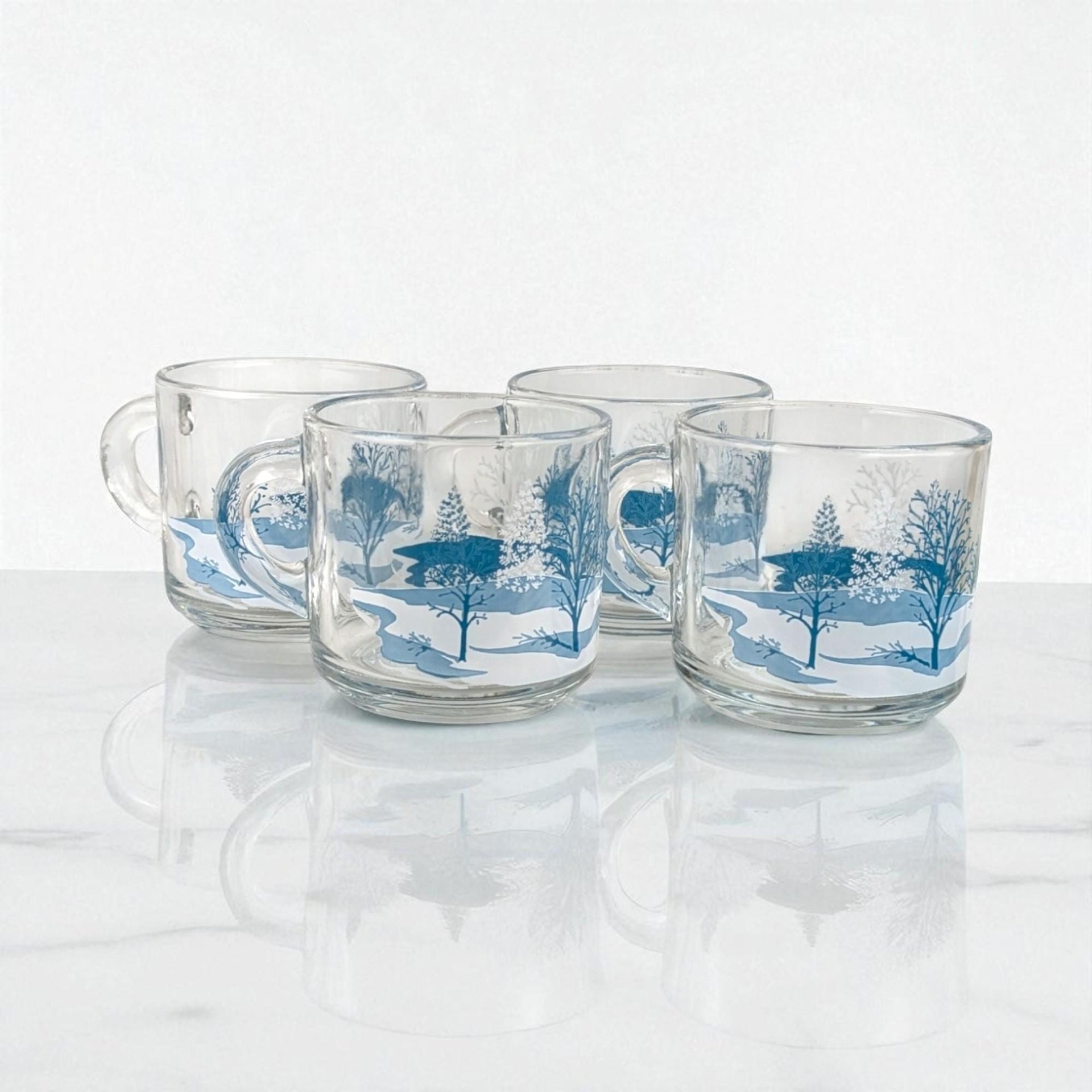 Anchor Hocking Winter Scene Mugs (Set of 4) - Blue and White Christmas Mugs