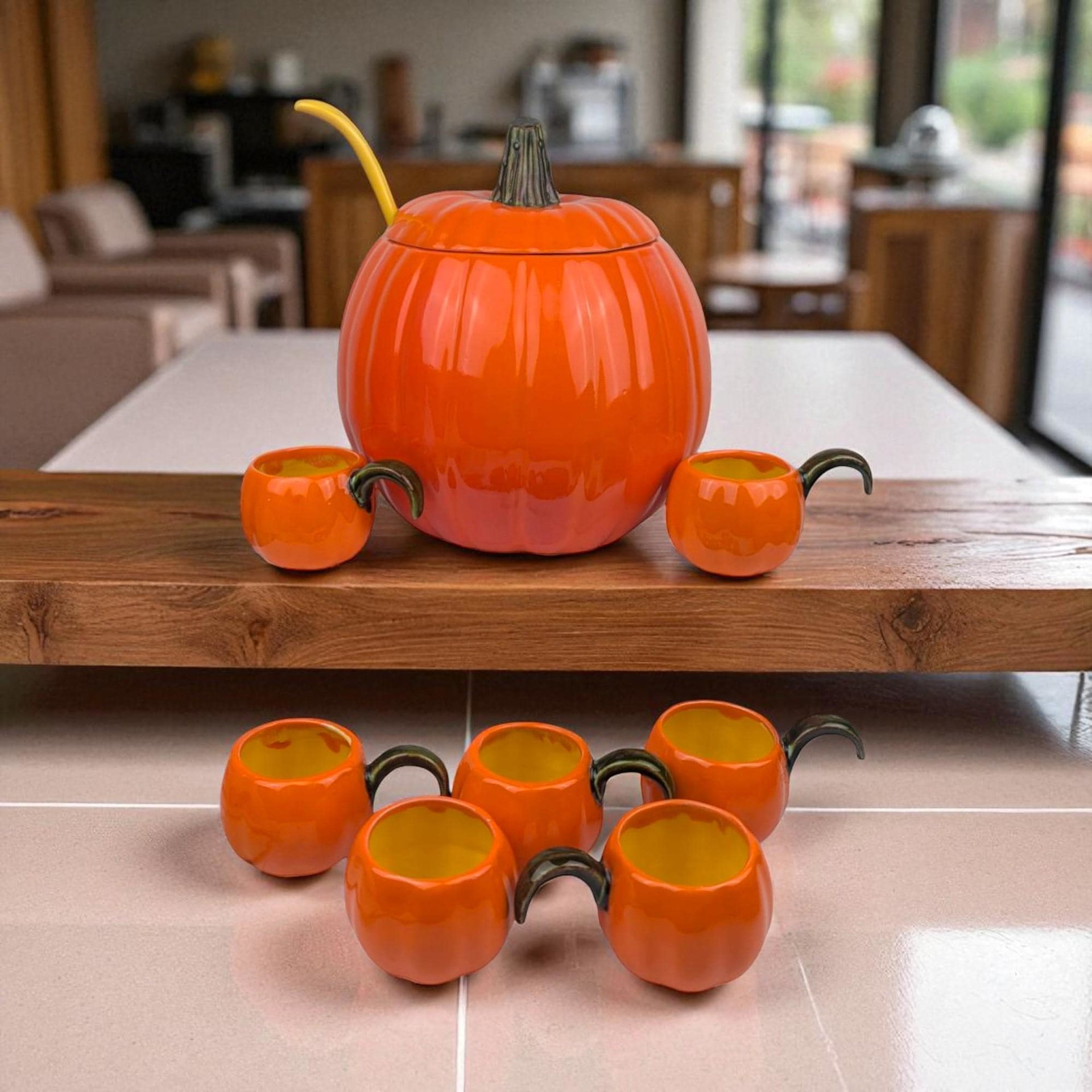 Vintage Ceramic Pumpkin Punch Bowl Set: Tureen, Ladle & 7 Cups - Fall Decor