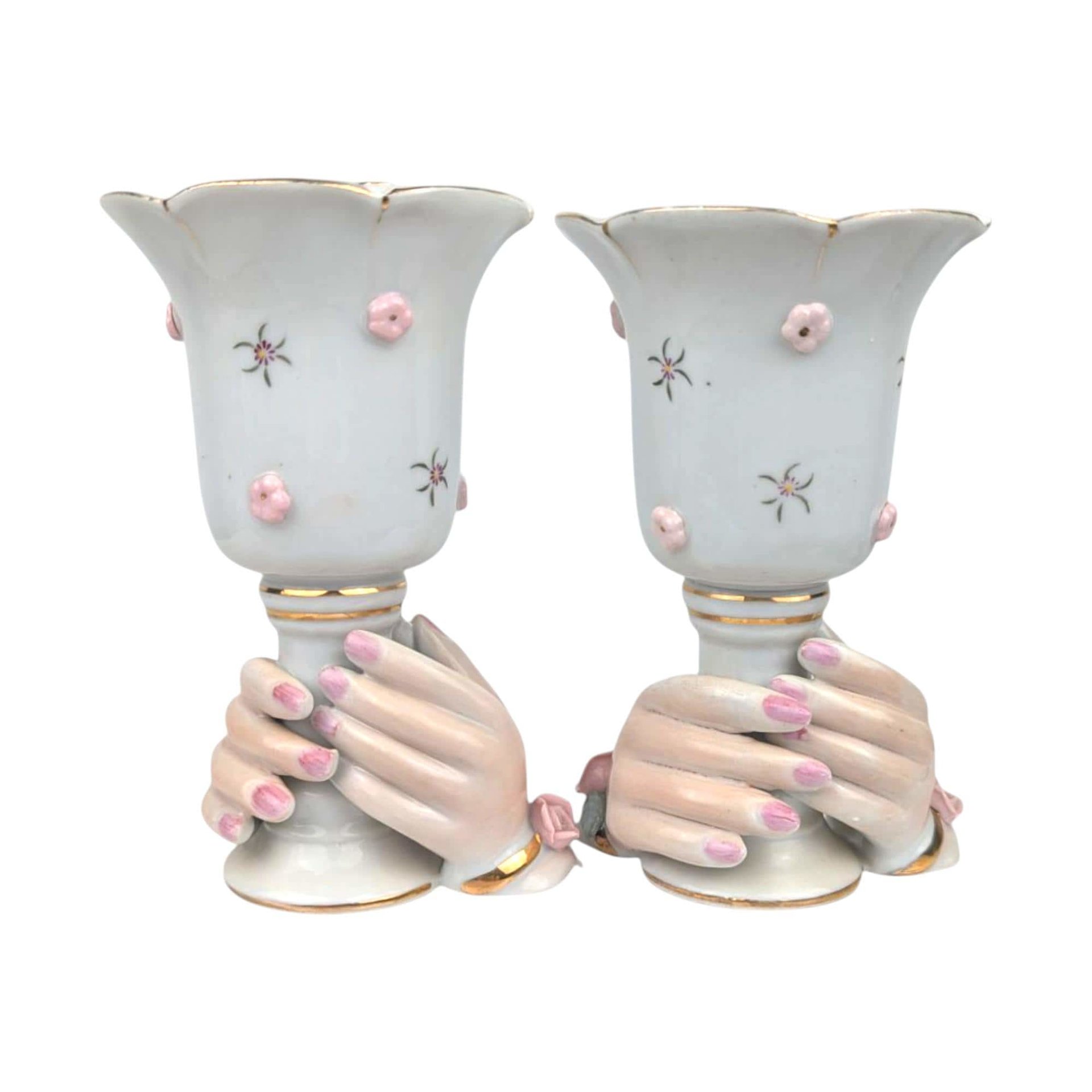 Vintage Ceramic Hand Candle Holders: Pink Roses, Gold Trim, Mid-Century Decor