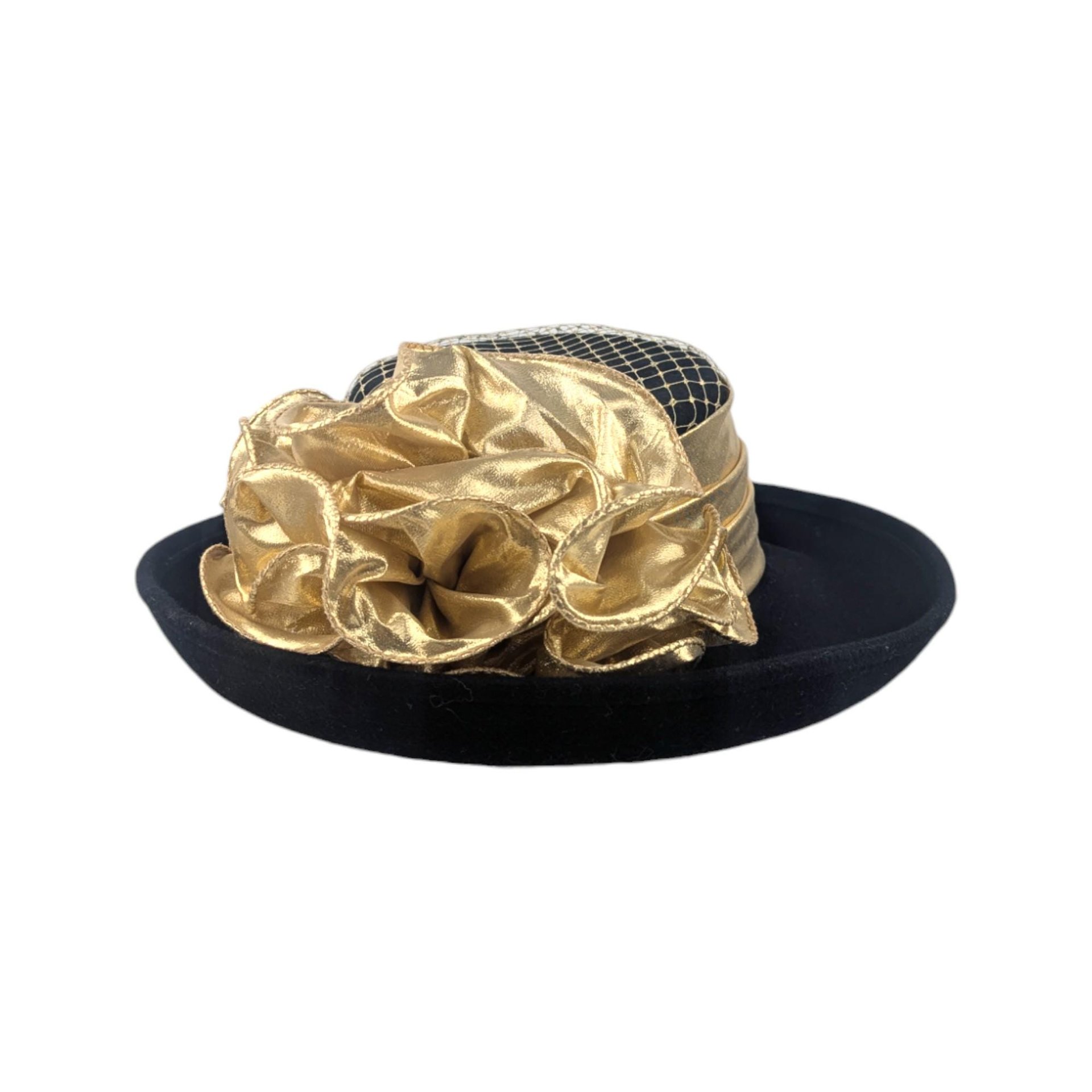 Vintage Sonni San Francisco Hat, 1980s Black Wool Felt Hat with Gold Lame Bow, Formal Occasion Hat, Kentucky Derby Church Hat