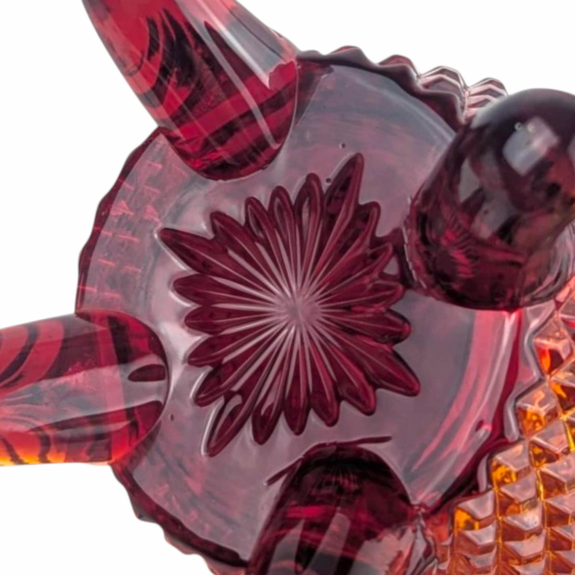 Vintage Imperial Amberina Glass Bud Vase: Lace Edge Diamond Point, Mid Century