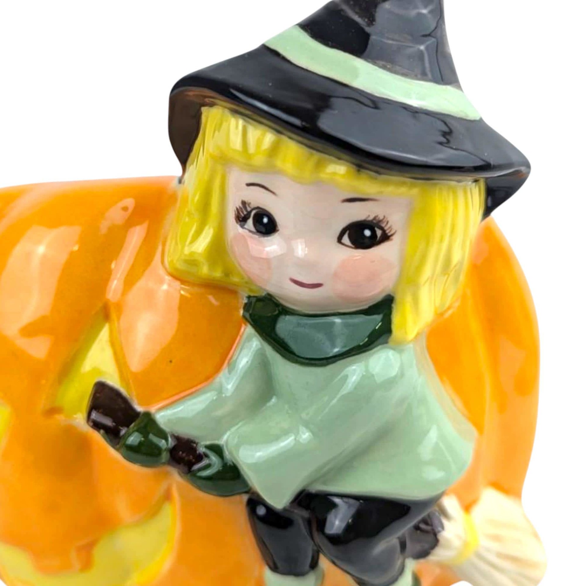 Vintage Ceramic Witch Planter: Blonde Witch on Pumpkin Jack-o'-Lantern