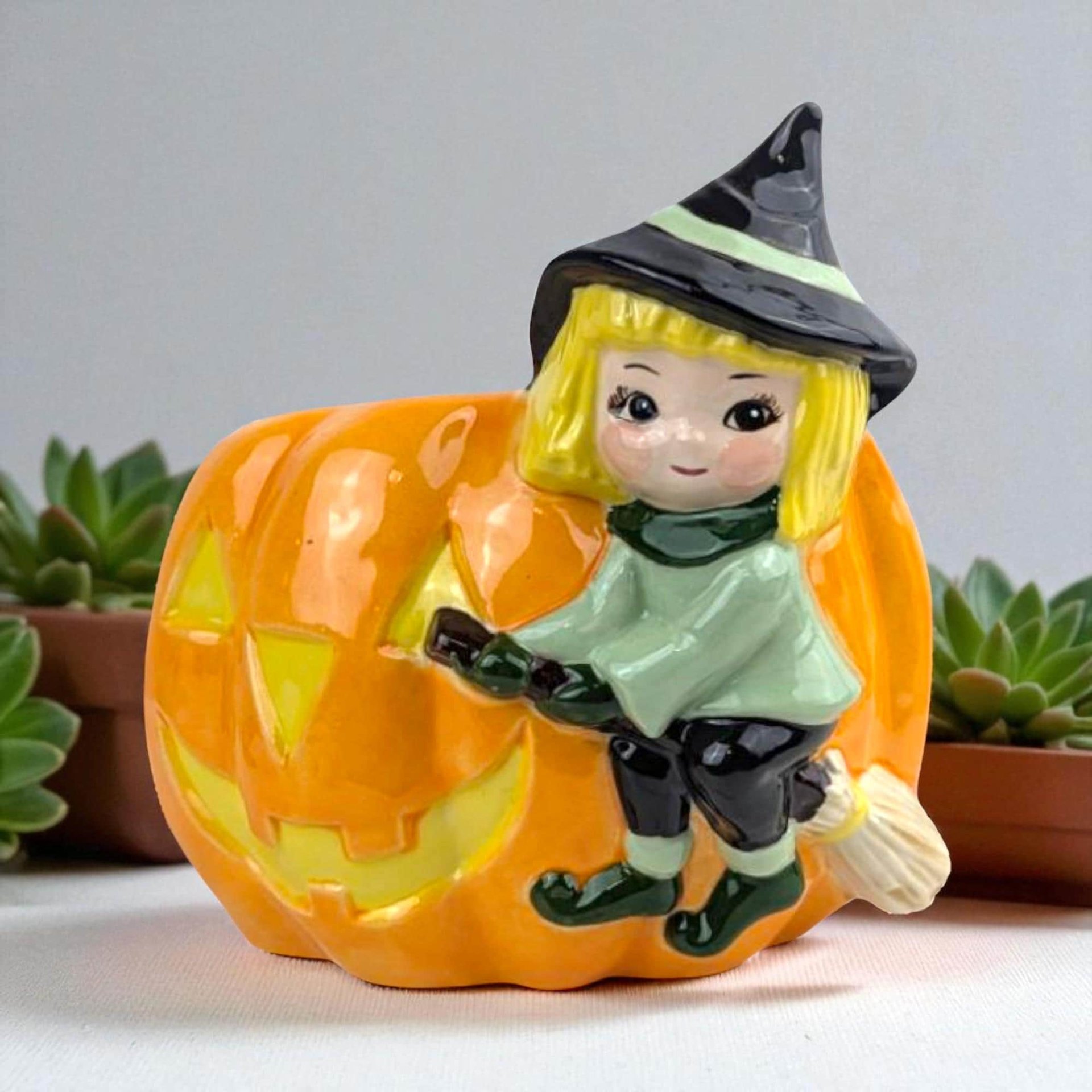 Vintage Ceramic Witch Planter: Blonde Witch on Pumpkin Jack-o'-Lantern