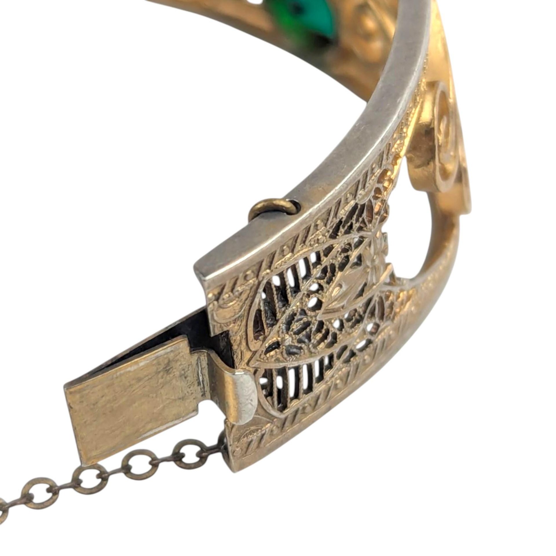 Vintage Gold Filigree Bangle: Green Stone Art Nouveau Cuff