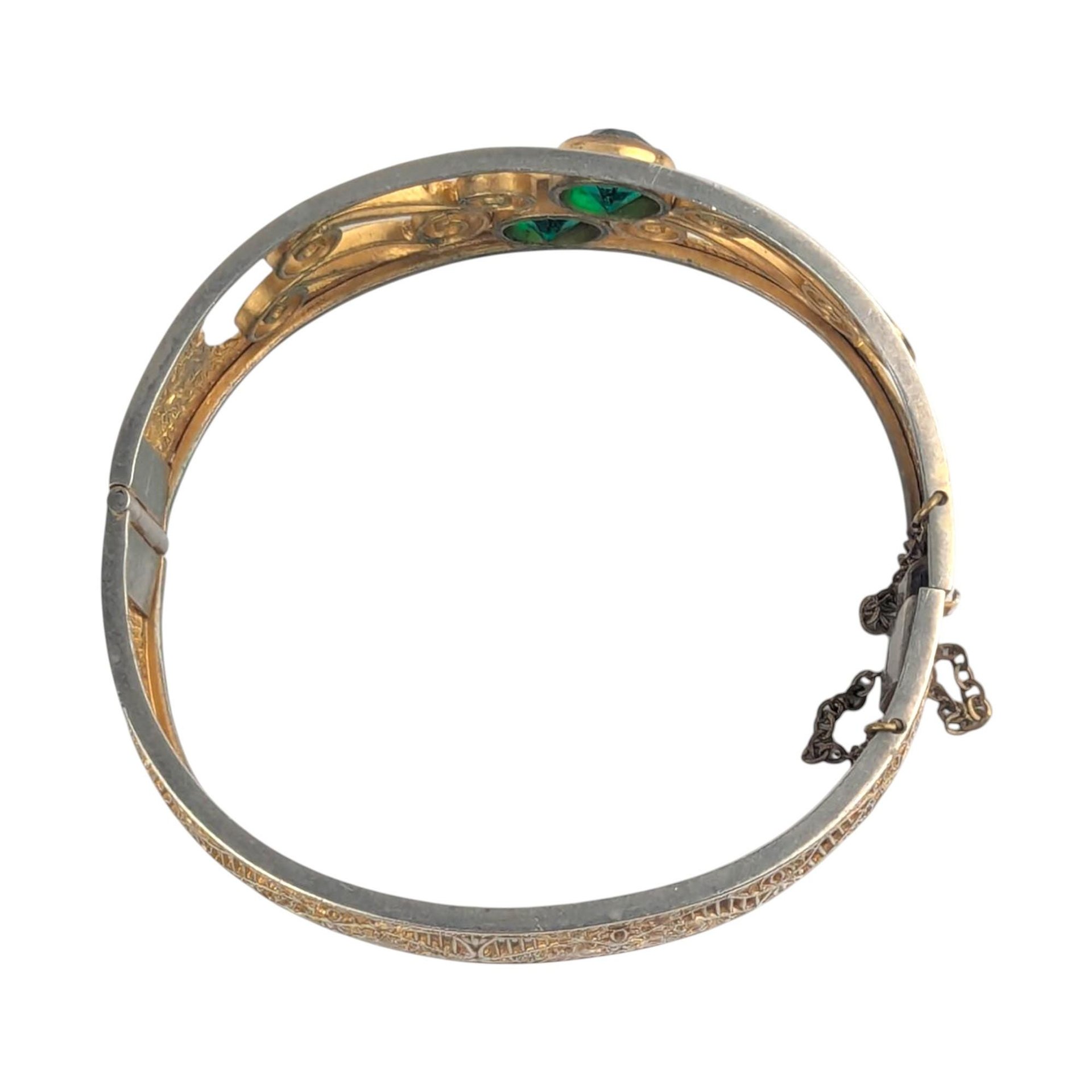 Vintage Gold Filigree Bangle: Green Stone Art Nouveau Cuff