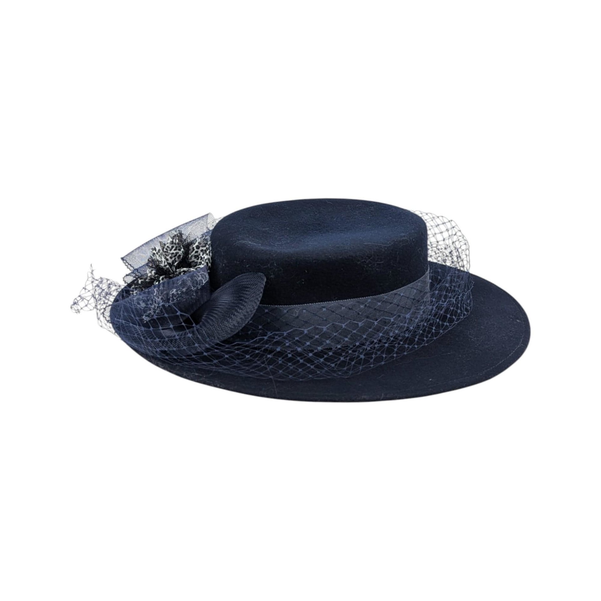 Vintage Bollman Americana Navy Blue Wool Felt Hat, Ladies Wide Brim Boater with Mesh Surround, Formal Wedding Guest Hat, Classic Dress Hat