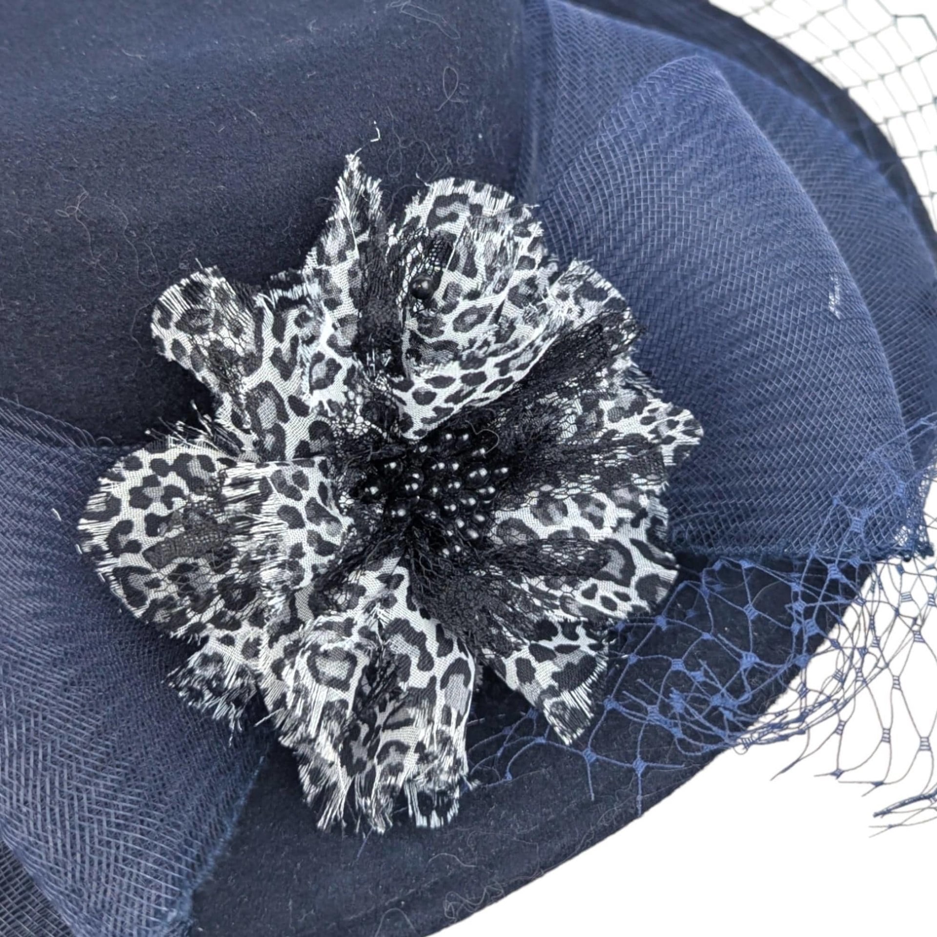 Vintage Bollman Americana Navy Blue Wool Felt Hat, Ladies Wide Brim Boater with Mesh Surround, Formal Wedding Guest Hat, Classic Dress Hat
